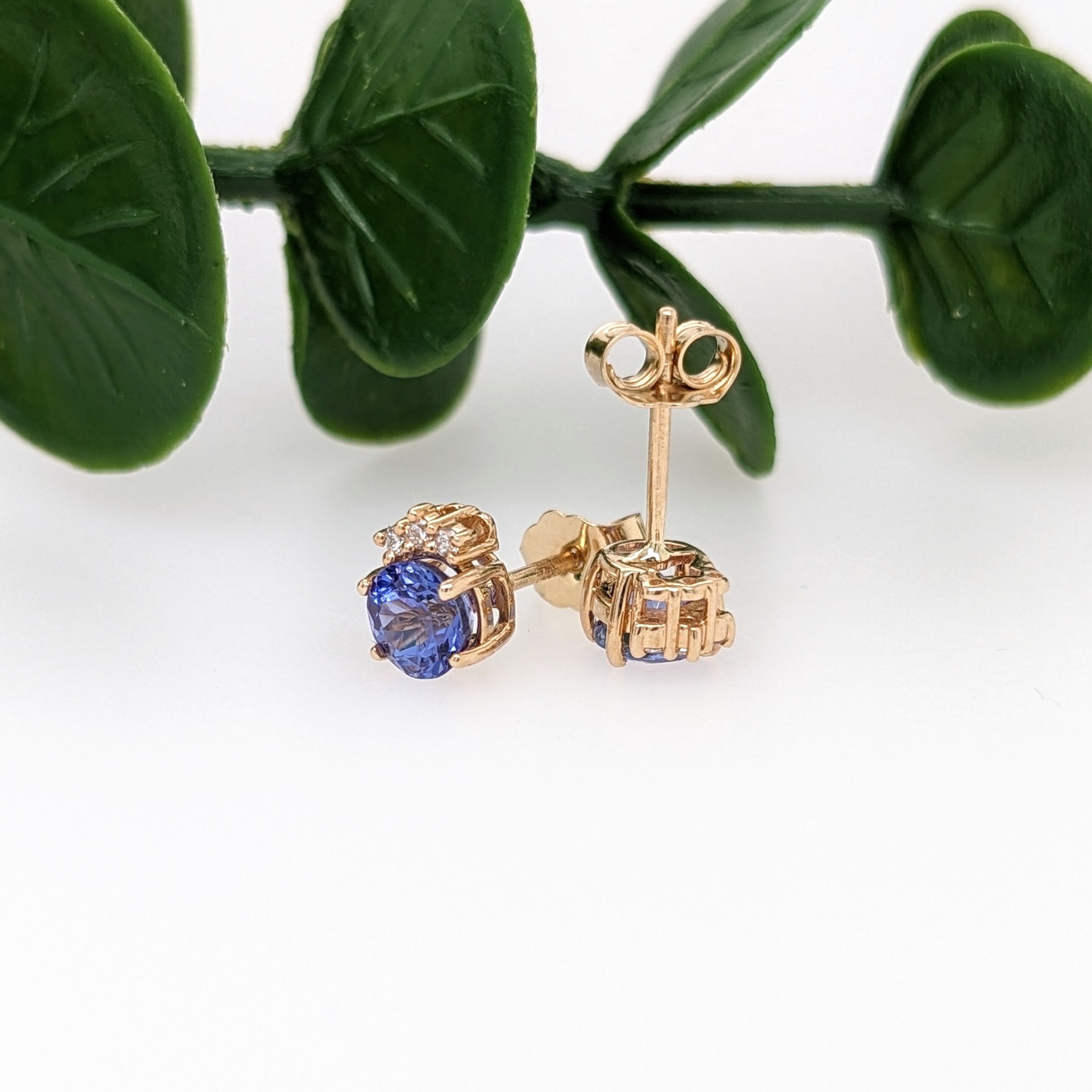 Dainty Tanzanite Earring Studs With Natural Diamond Accents in Solid 14K Yellow Gold | Round 5mm | December Birthstone | Ready to Ship |
