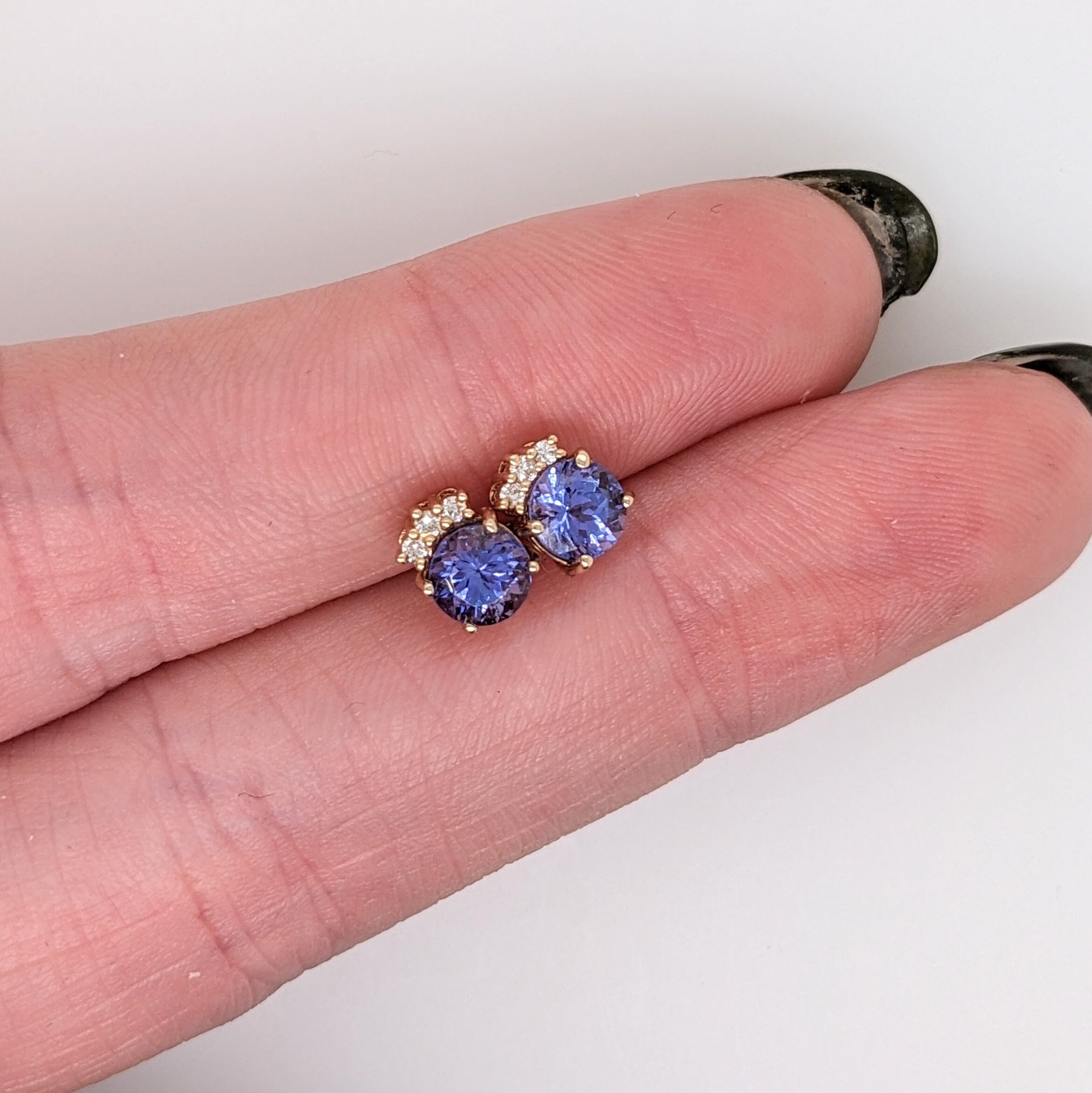 Dainty Tanzanite Earring Studs With Natural Diamond Accents in Solid 14K Yellow Gold | Round 5mm | December Birthstone | Ready to Ship |