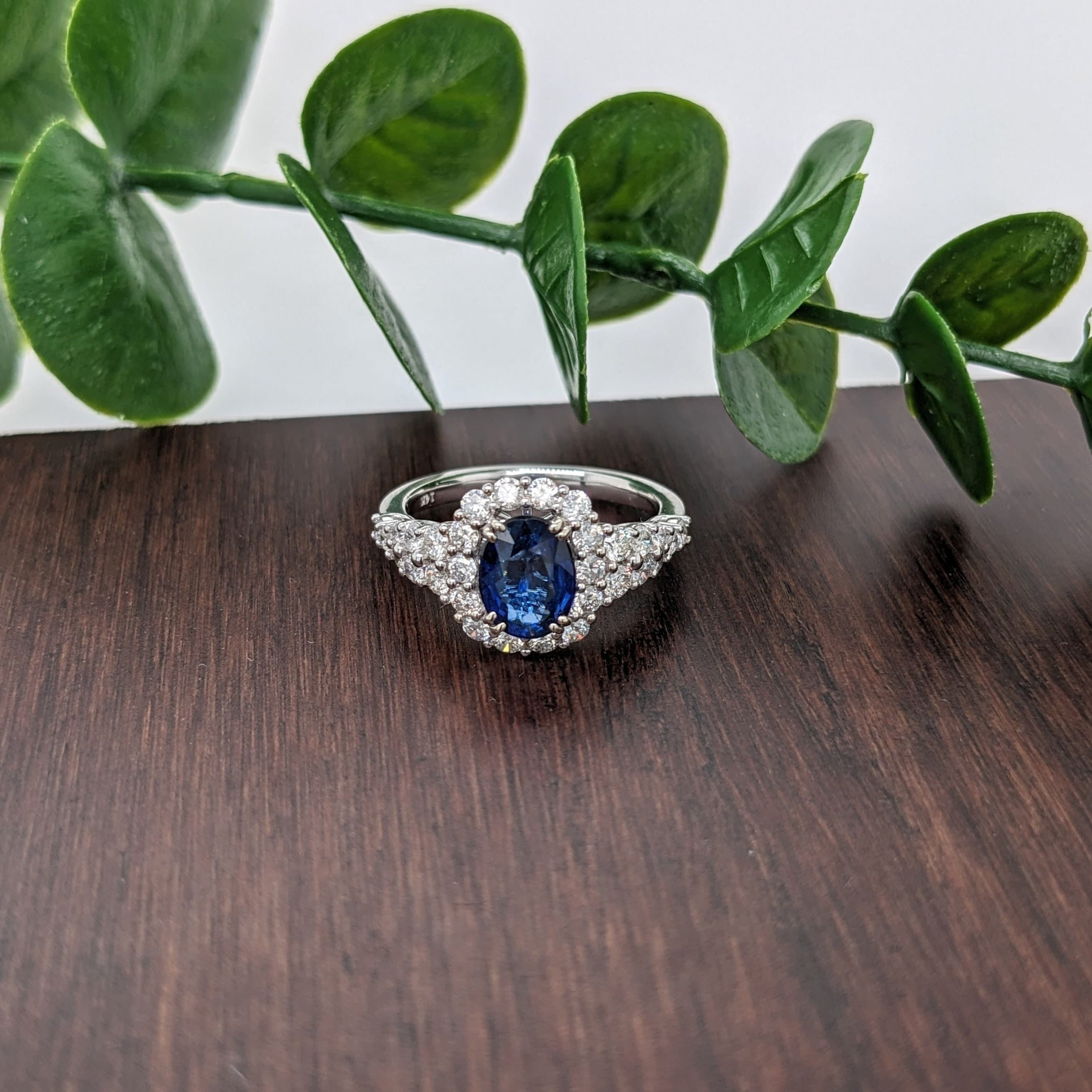 Pretty Oval Sapphire Ring w Natural Diamond Halo in Solid 14k White Gold | Blue Gemstone | Oval 7x5mm | Customizable | September Birthstone
