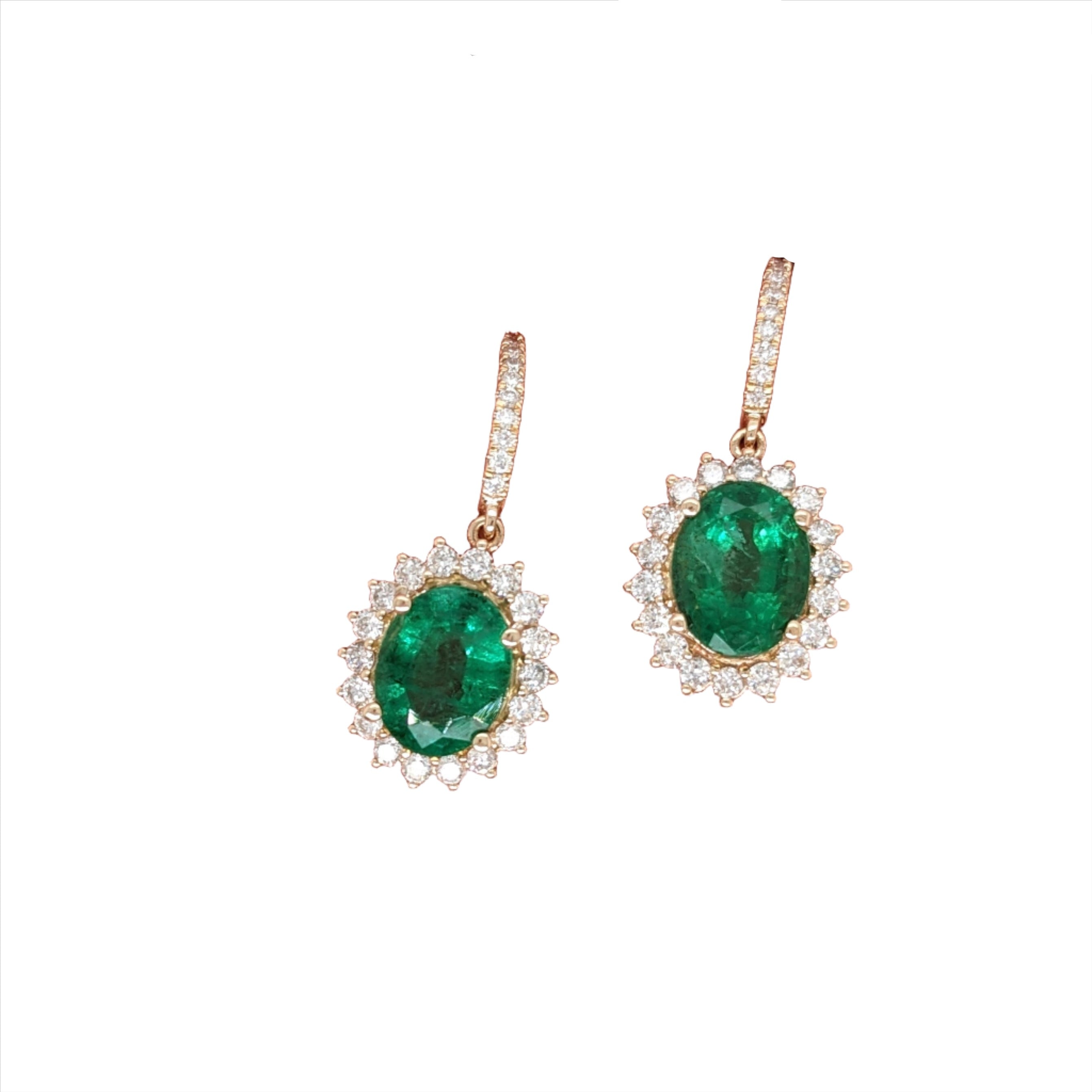 Dazzling Emerald Drop Earrings in 14k Yellow Gold w Floral Diamond Halo | Oval 9x7mm | May Birthstone | Customizable | Green Gemstone |