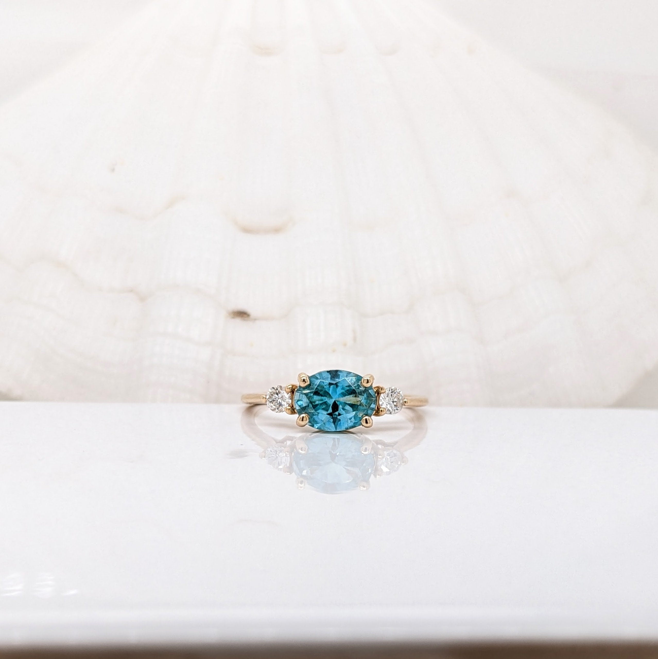 Dainty Oval Cut Blue Zircon Ring in Solid 14K Yellow Gold with Natural Diamond Accents | 8x6mm | December Birthstone | Prongs | Daily Wear |