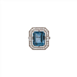 Glamorous London Blue Topaz Ring with All Natural Diamond Pave Halo in Solid 14K White Gold | Emerald Cut 12x10mm | December Birthstone