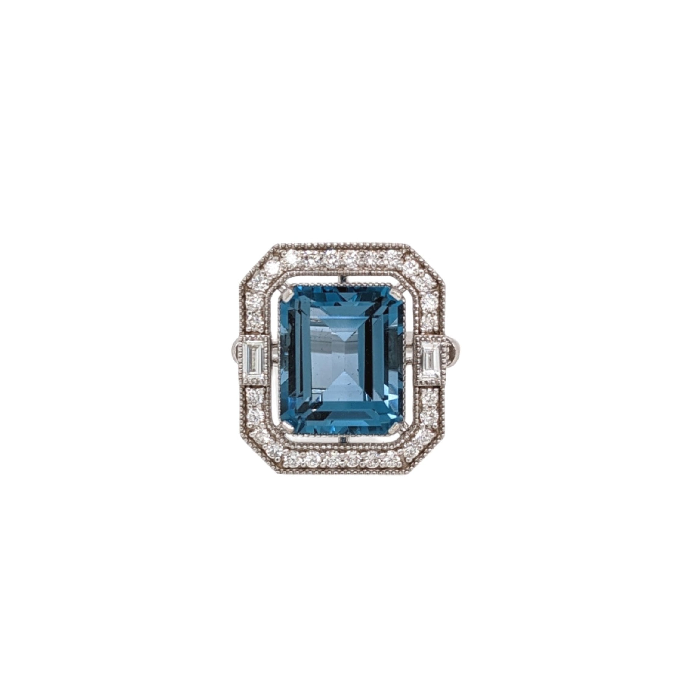 Glamorous London Blue Topaz Ring with All Natural Diamond Pave Halo in Solid 14K White Gold | Emerald Cut 12x10mm | December Birthstone