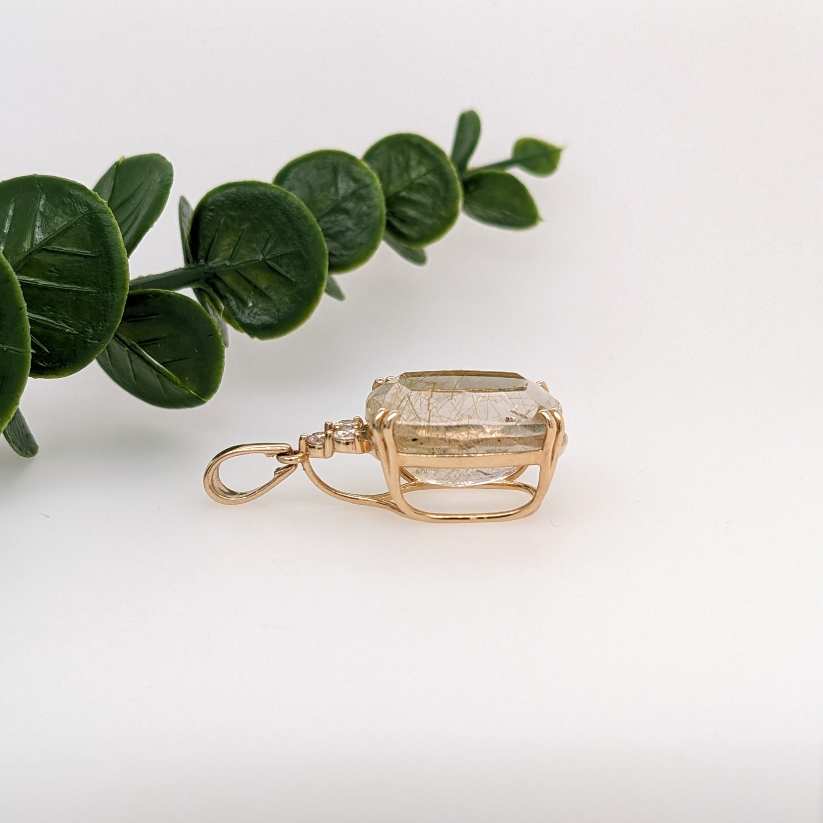 Lovely Gold Rutilated Quartz Pendant in Solid 14K Yellow Gold with Diamond Accents | Cushion 18x16mm | April Birthstone | Natural Gemstone