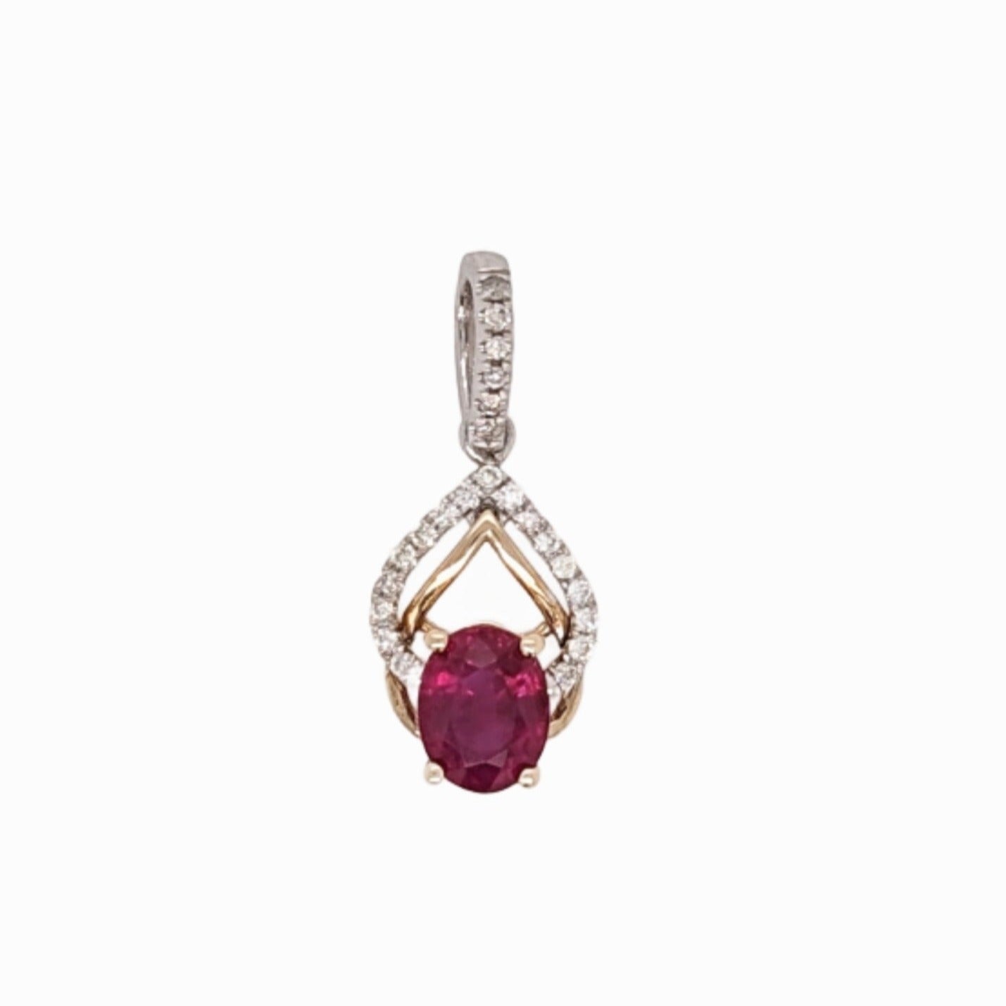 Beautiful Ruby Pendant in Solid 14K Dual Yellow and White Gold with Natural Diamond Accents | Oval 6x4mm | July Birthstone | Diamond Bail