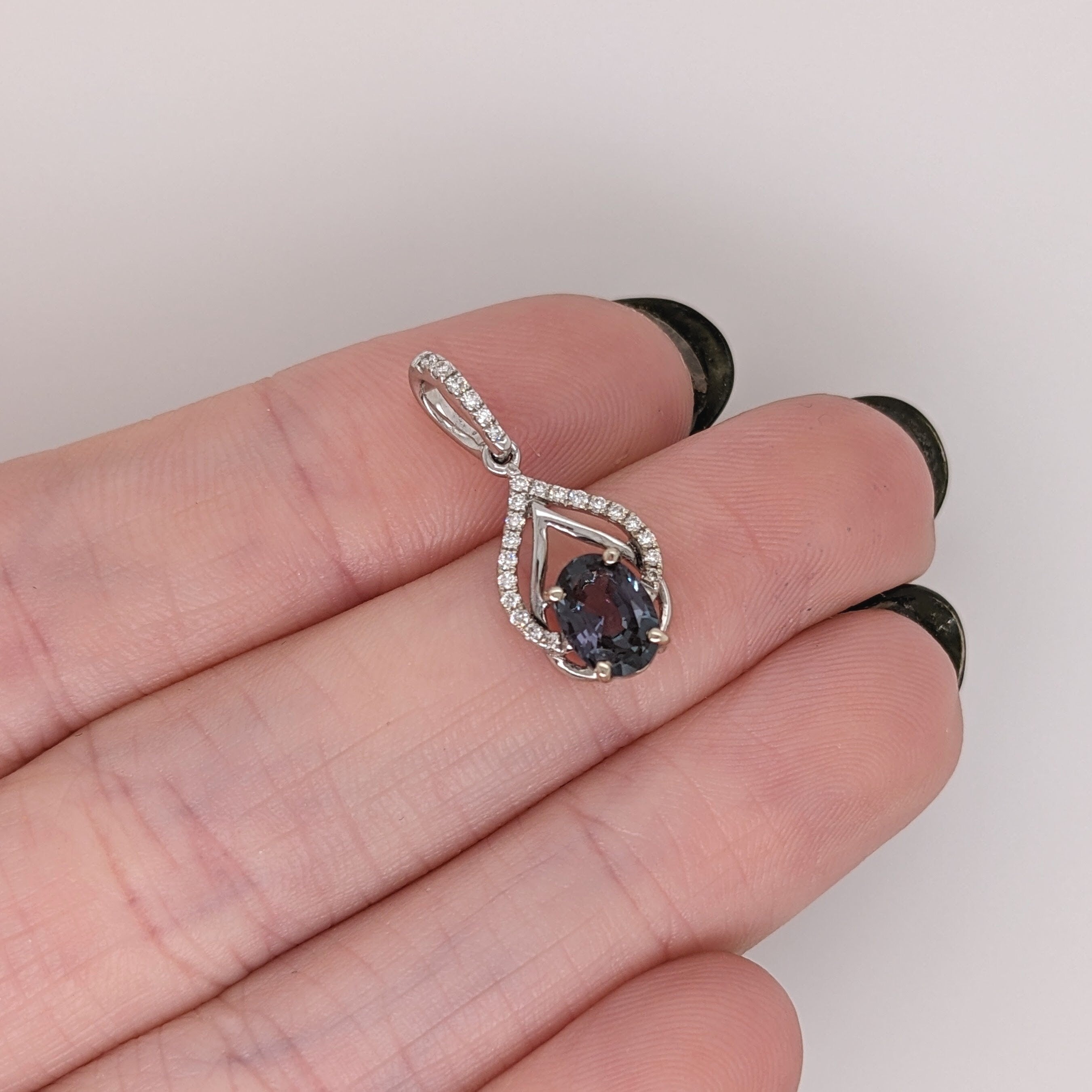 Lovely Lab Created Alexandrite Pendant in Solid 14K White Gold with Natural Diamond Accents | Oval 7x5mm | June Birthstone | Diamond Bail