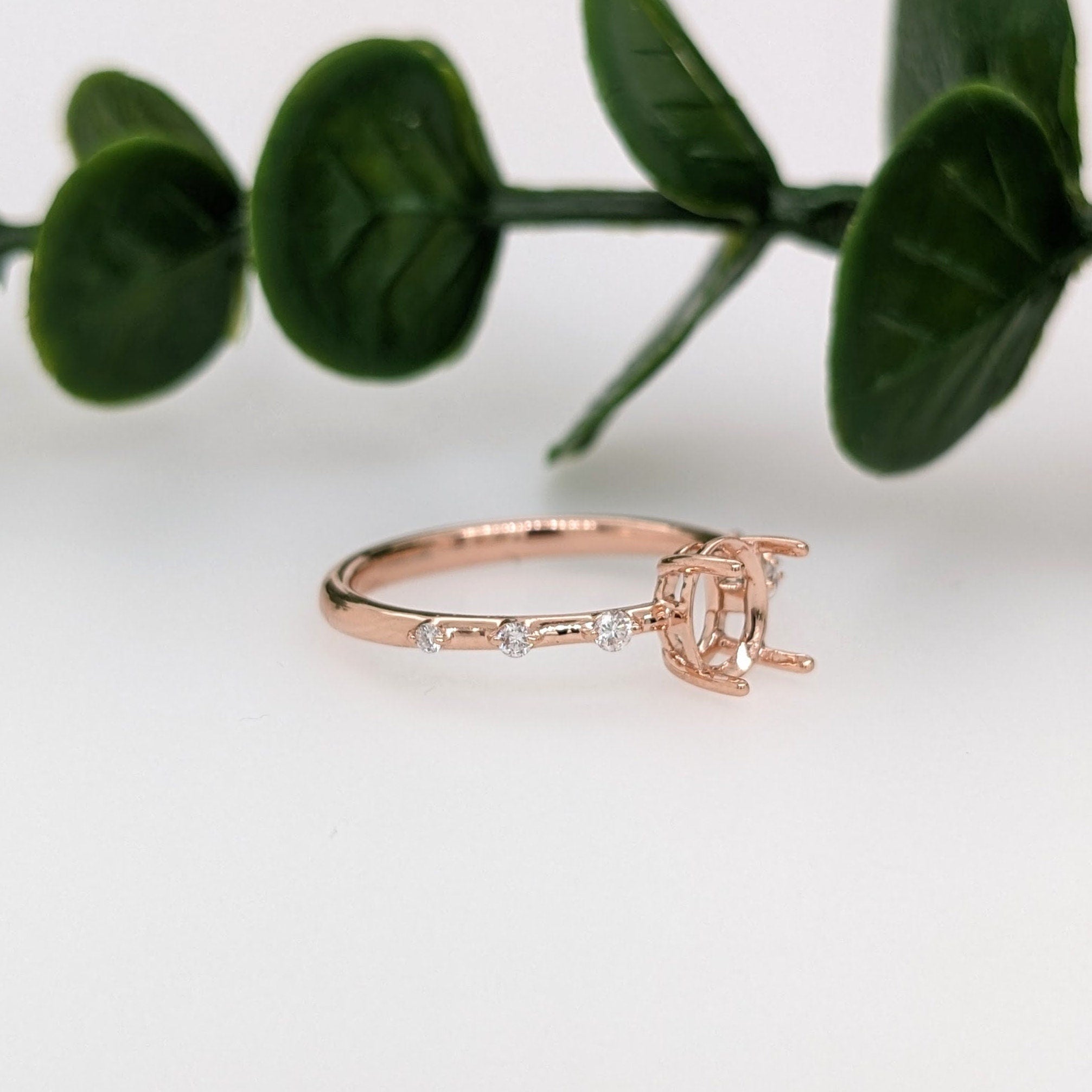Statement Rings-Classic Solitaire Ring Setting with Minimalist Trio Diamond Accented Shank 14K Gold | Oval 8x6mm | Gemstone Ring Semi Mount | Customizable - NNJGemstones