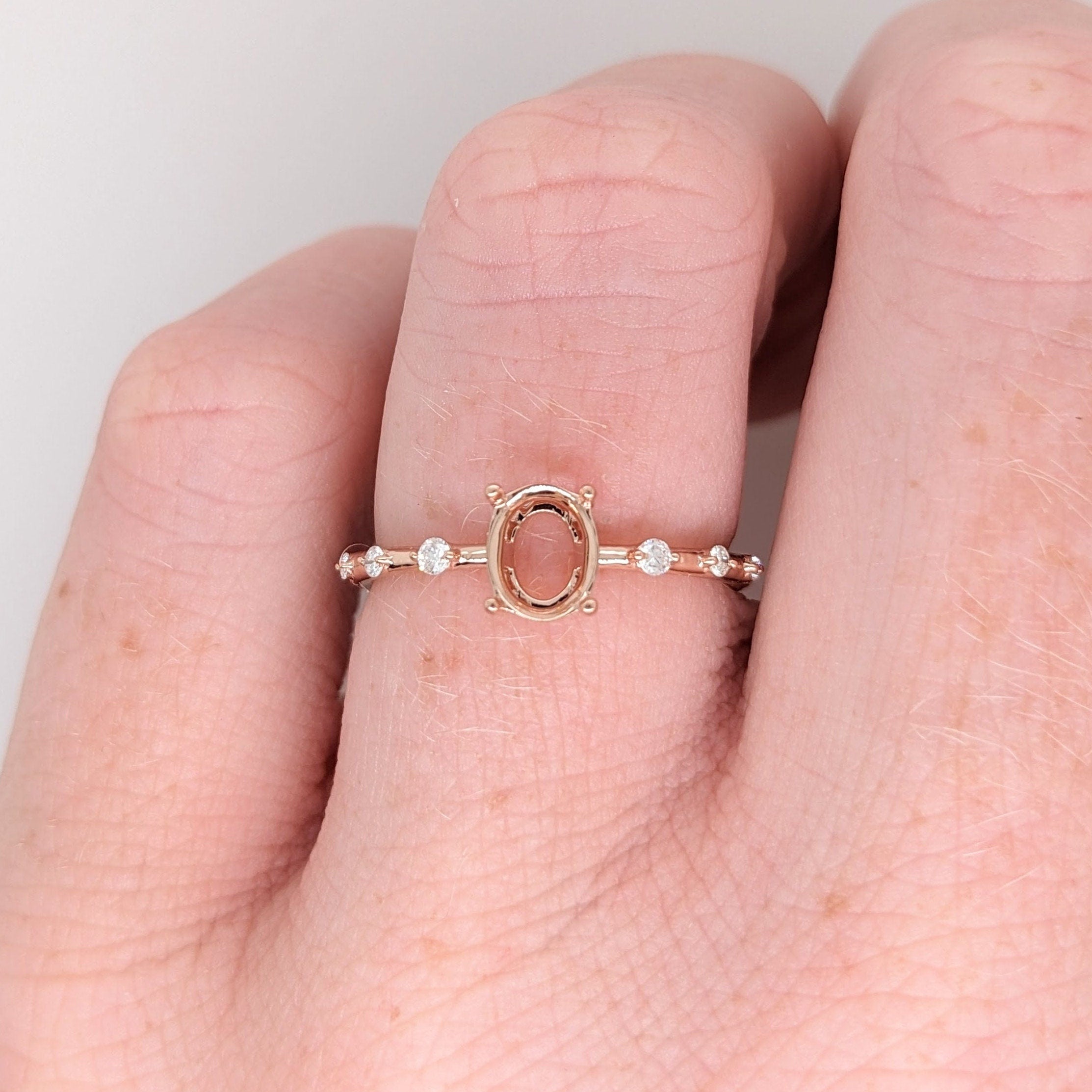 Statement Rings-Classic Solitaire Ring Setting with Minimalist Trio Diamond Accented Shank 14K Gold | Oval 8x6mm | Gemstone Ring Semi Mount | Customizable - NNJGemstones