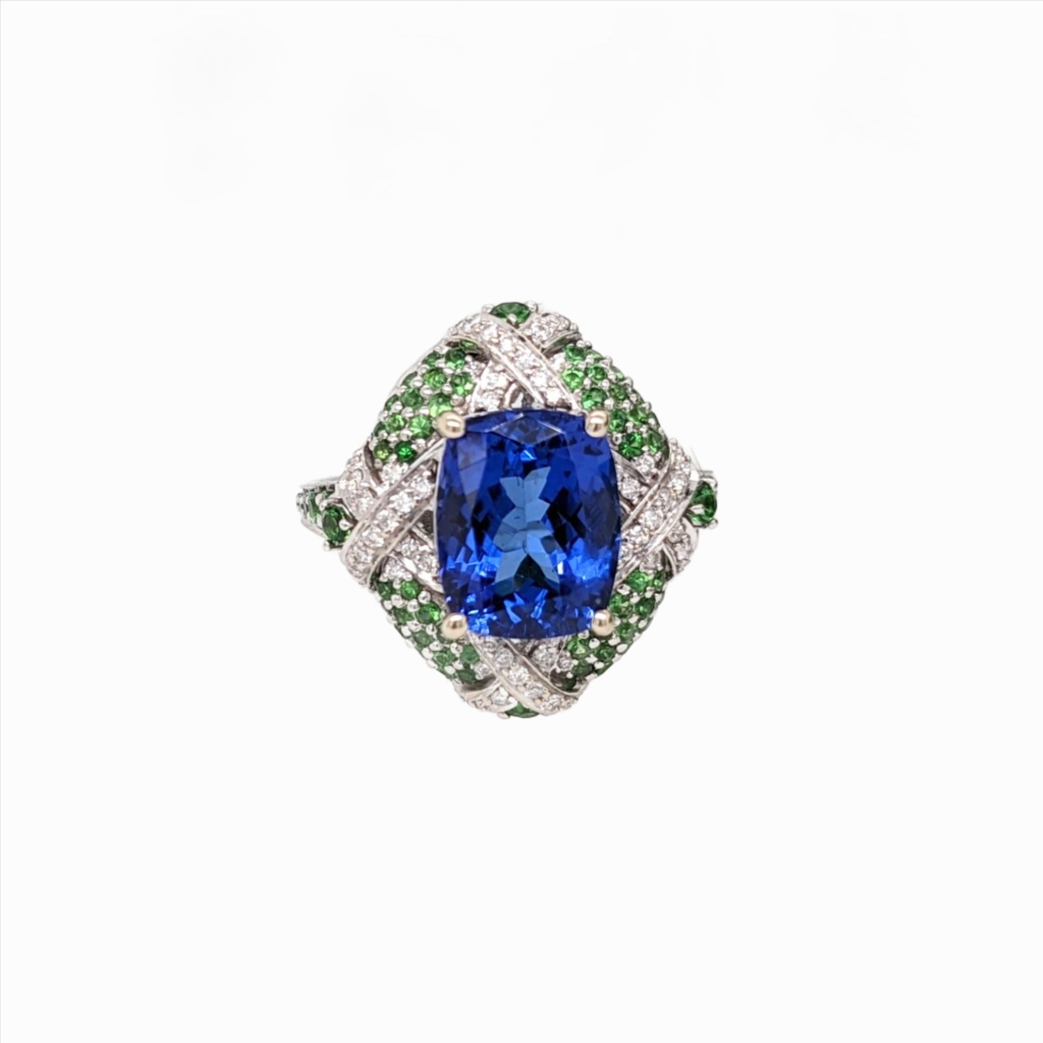 Gorgeous Tanzanite Ring w Natural Diamond and Tsavorite Accents in 14K Solid White Gold | Cushion 10x8mm | December Birthstone Ring