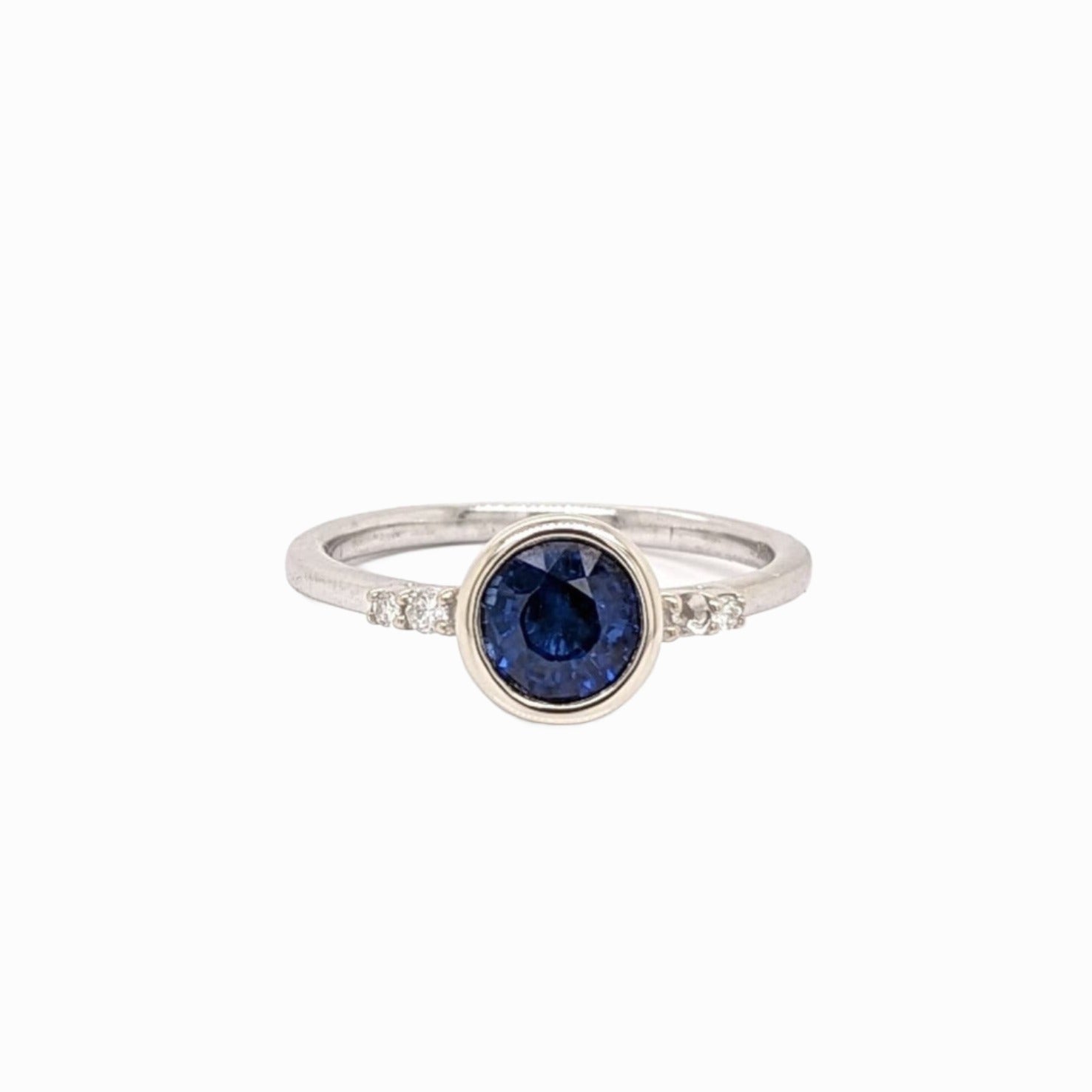 Dainty Blue Sapphire Ring in Solid 14k White Gold with Natural Diamond Accents || Round 6mm || September Birthstone || Daily Wear ||