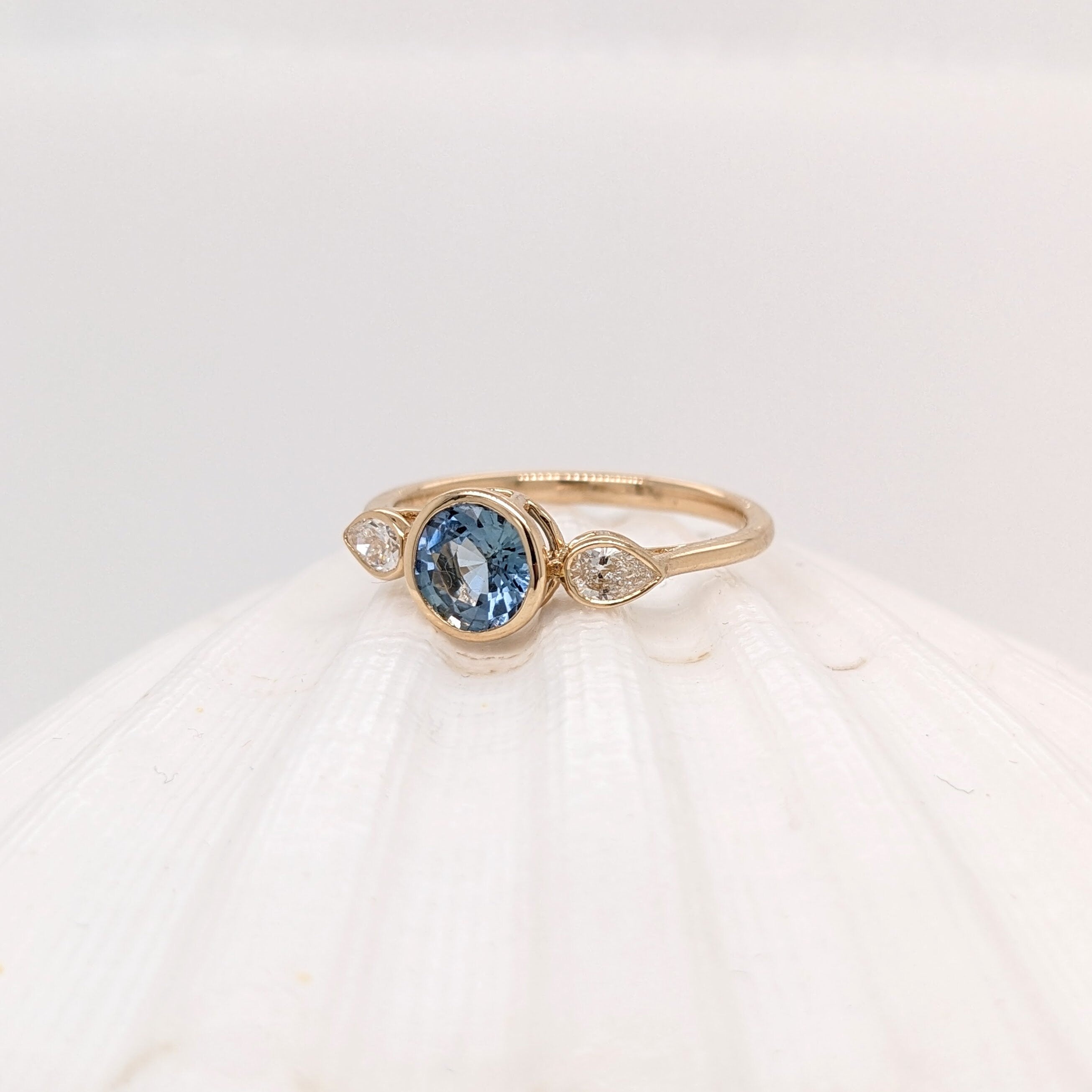 Simplistic Light Blue Sapphire Ring in 14K Yellow Gold w Natural Diamond Accents | Three Stone | Round 6mm | September Birthstone | Bezel |