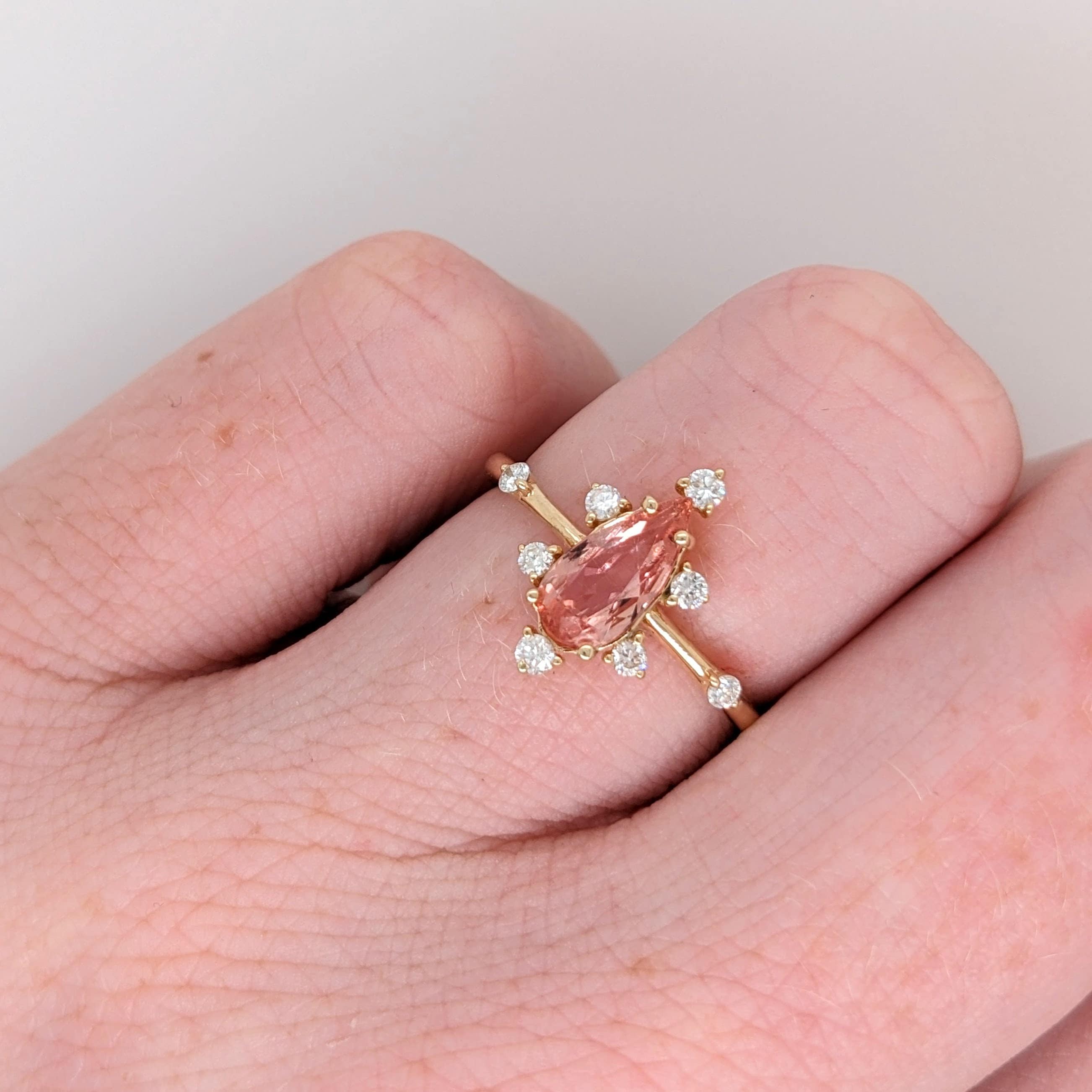 Pretty Pink Imperial Topaz in 14k Solid Yellow Gold w Diamond Accents | Pear Shape 9.2x4.5mm | November Birthstone | Pink Gem Ring |