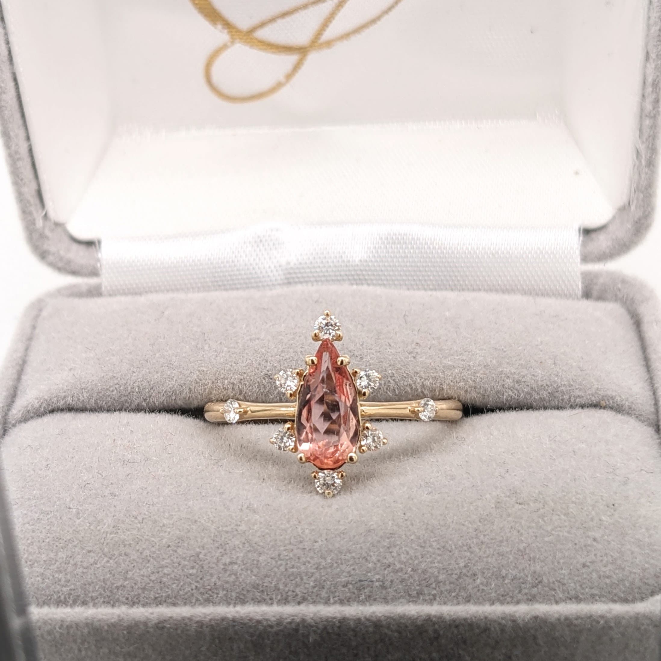 Pretty Pink Imperial Topaz in 14k Solid Yellow Gold w Diamond Accents | Pear Shape 9.2x4.5mm | November Birthstone | Pink Gem Ring |