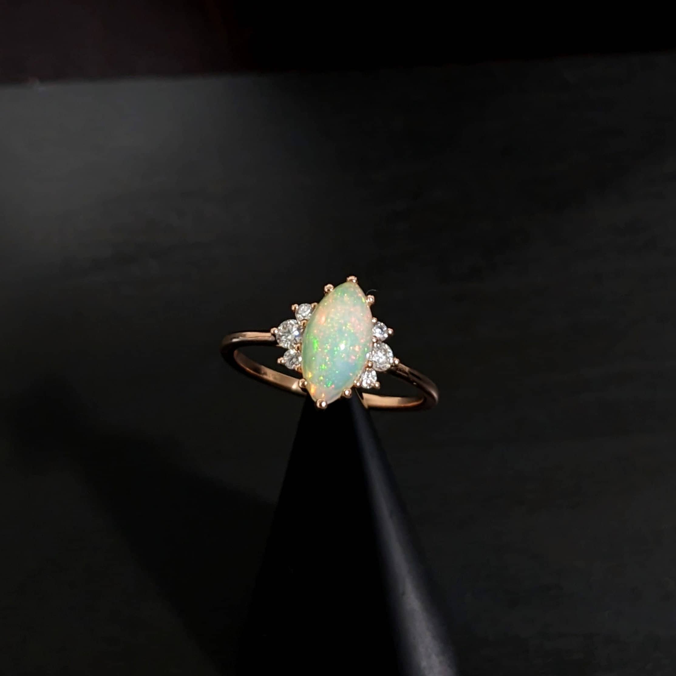 Beautiful Opal Ring with Natural Diamond Accents in Solid 14k Yellow Gold | Oval 10x5mm | Gemstone Jewelry | October Birthstone |