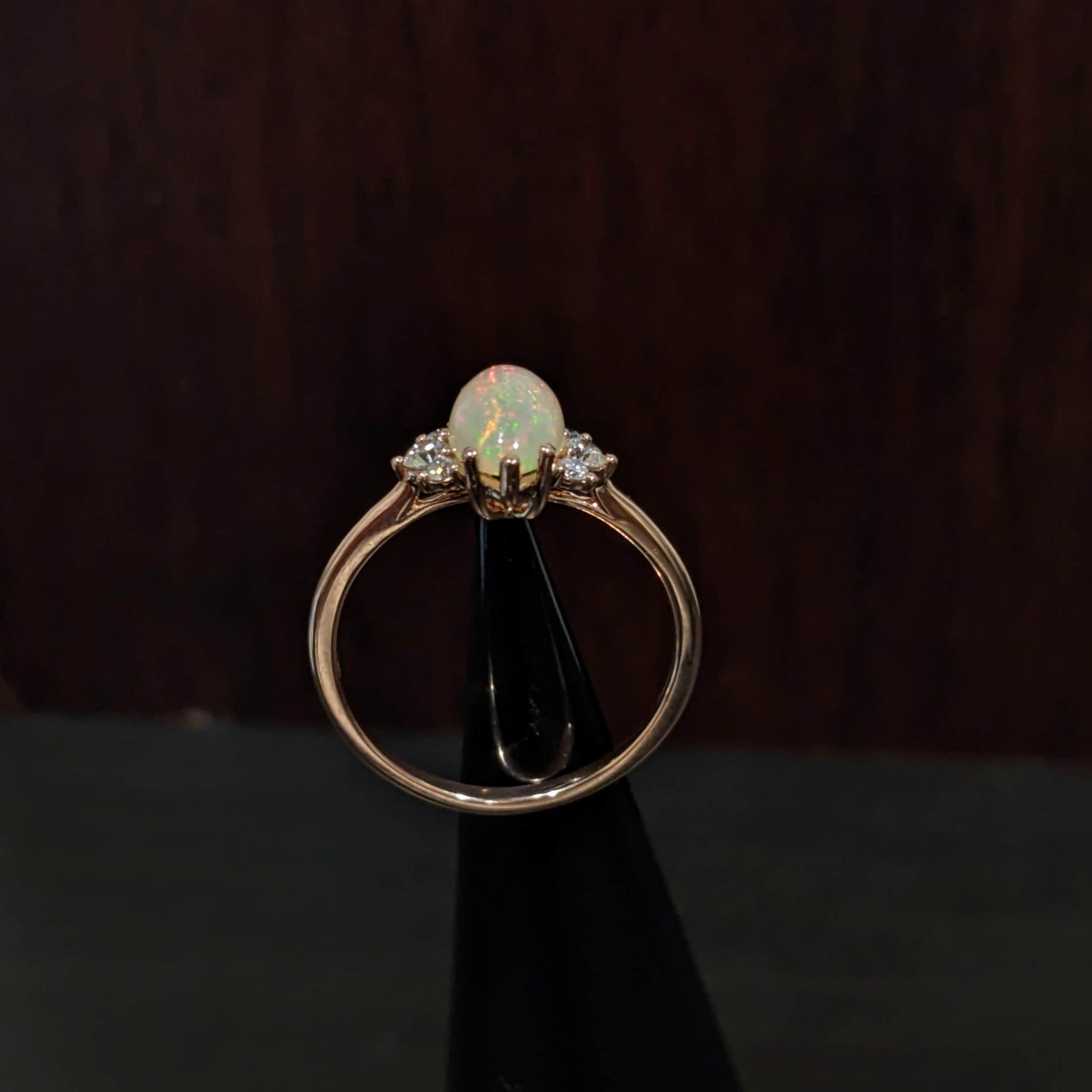 Beautiful Opal Ring with Natural Diamond Accents in Solid 14k Yellow Gold | Oval 10x5mm | Gemstone Jewelry | October Birthstone |
