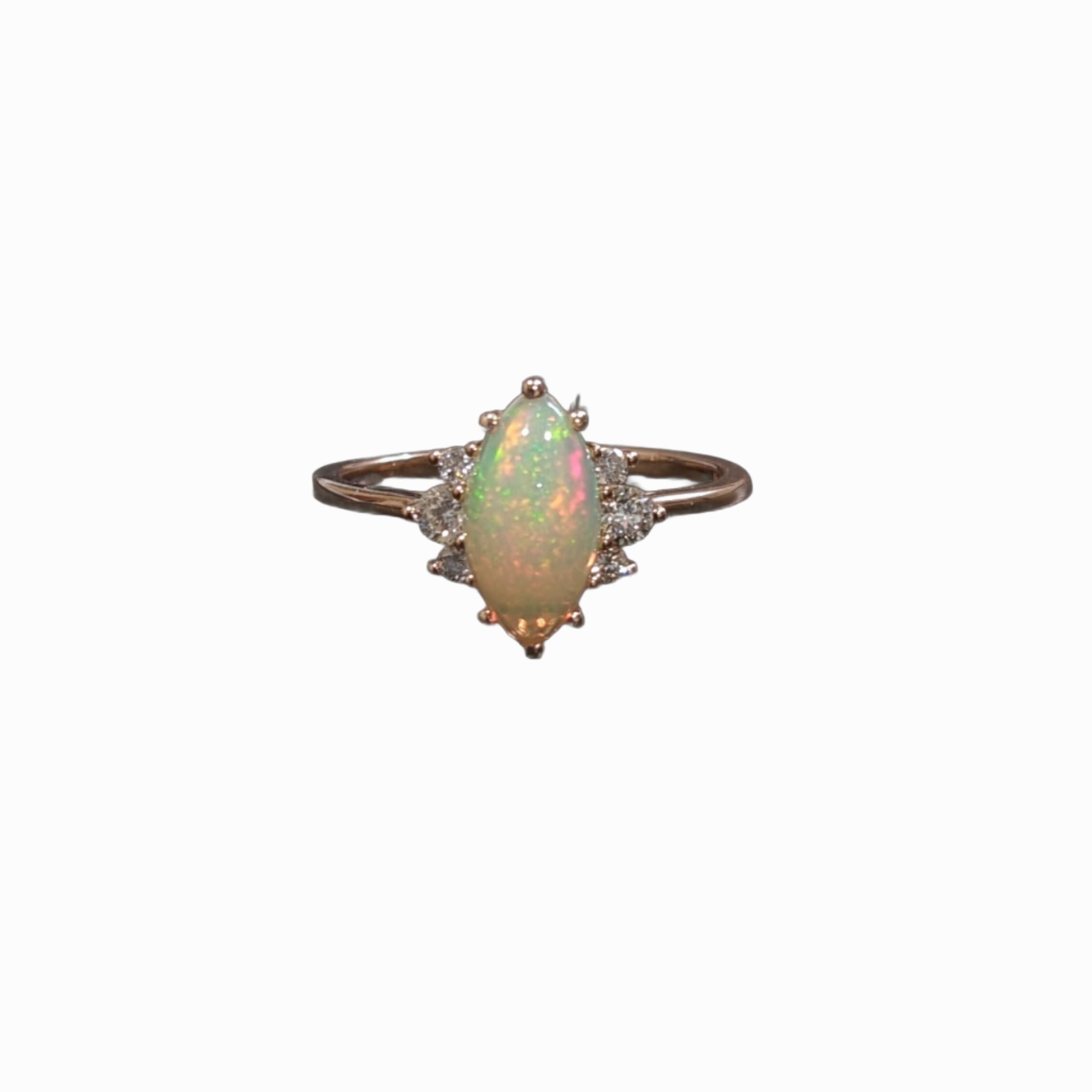 Beautiful Opal Ring with Natural Diamond Accents in Solid 14k Yellow Gold | Oval 10x5mm | Gemstone Jewelry | October Birthstone |