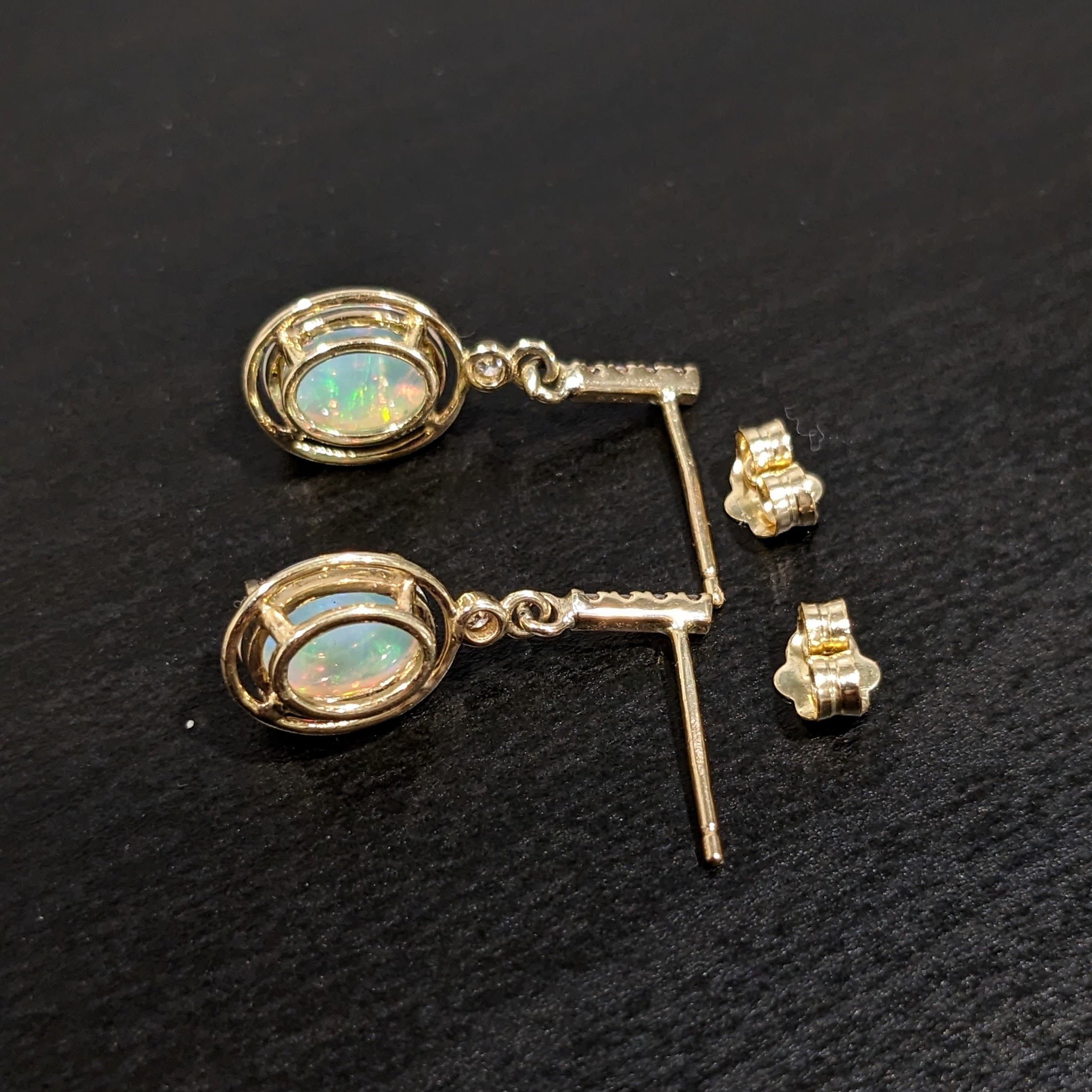 Dangly Opal Drops in 14k Solid Yellow Gold w Natural Diamond Accents | Oval Shape 10x8 | October Birthstone | Daily Wear Earrings |