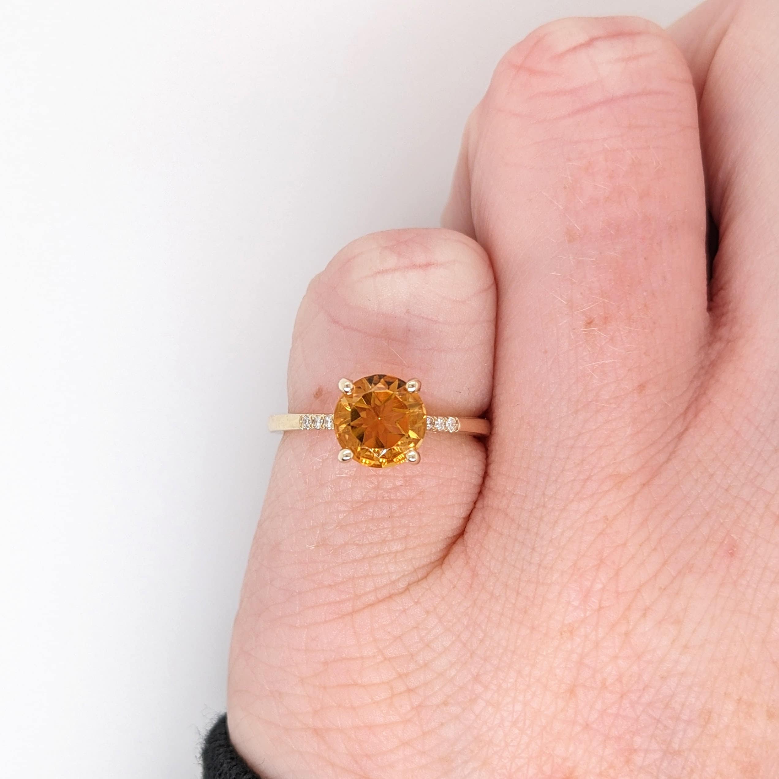 Citrine Ring in Solid 14k Yellow Gold w Natural Diamond Accents | Brilliant Cut Round 7mm | November Birthstone | Orange Gemstone | Fall