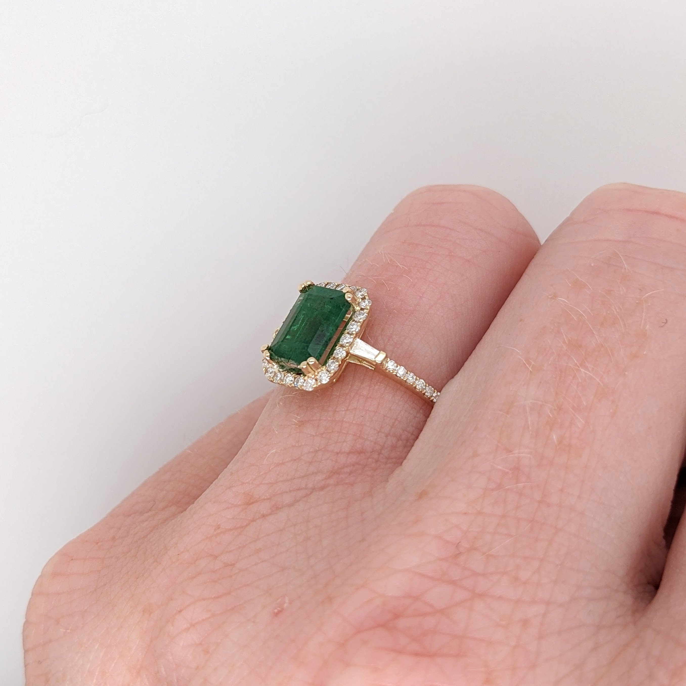 Dainty Emerald Ring in 14K Yellow Gold w a Natural Diamond Halo | Emerald Cut 8x6mm | May Birthstone | Daily Wear | Green Gemstone Ring