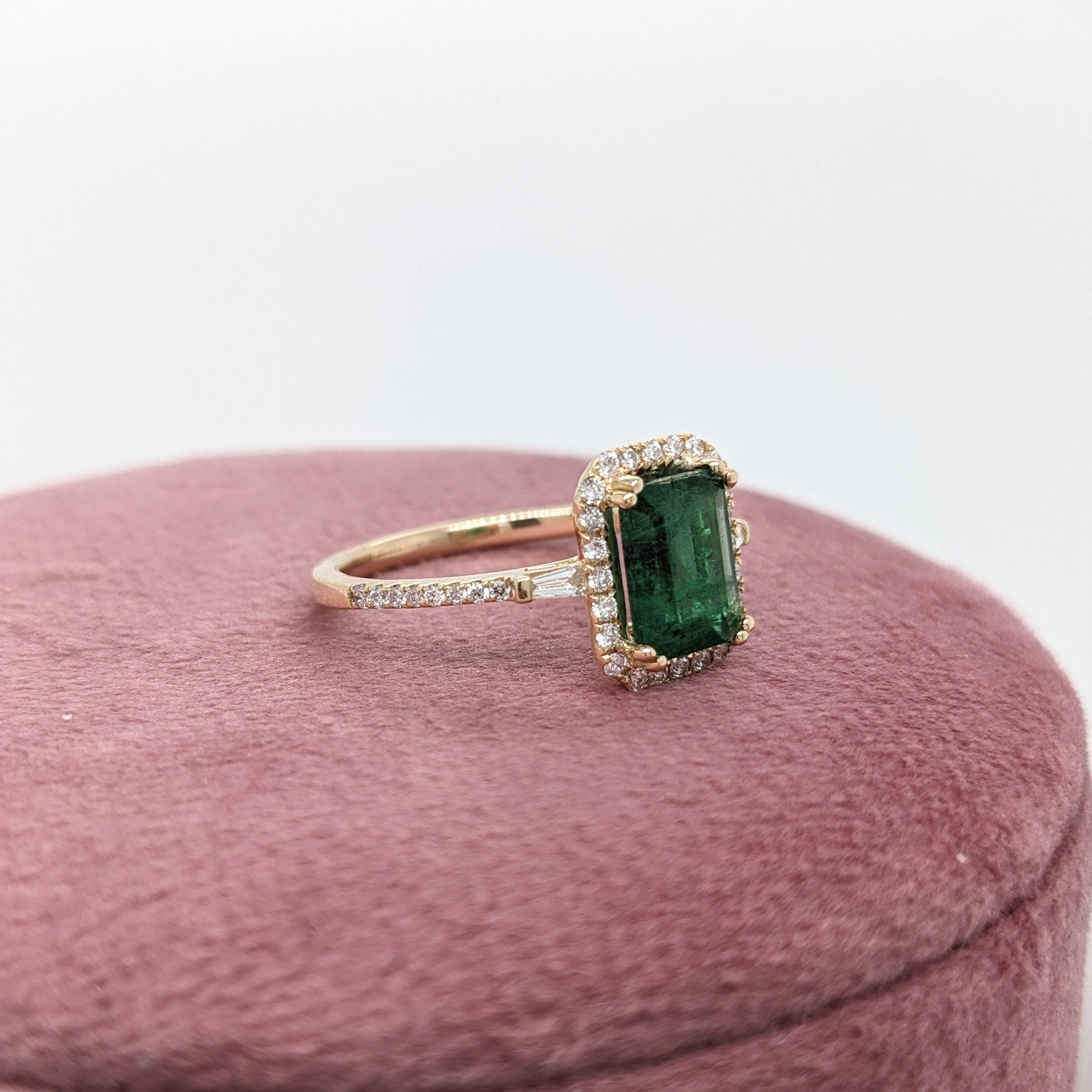 Dainty Emerald Ring in 14K Yellow Gold w a Natural Diamond Halo | Emerald Cut 8x6mm | May Birthstone | Daily Wear | Green Gemstone Ring