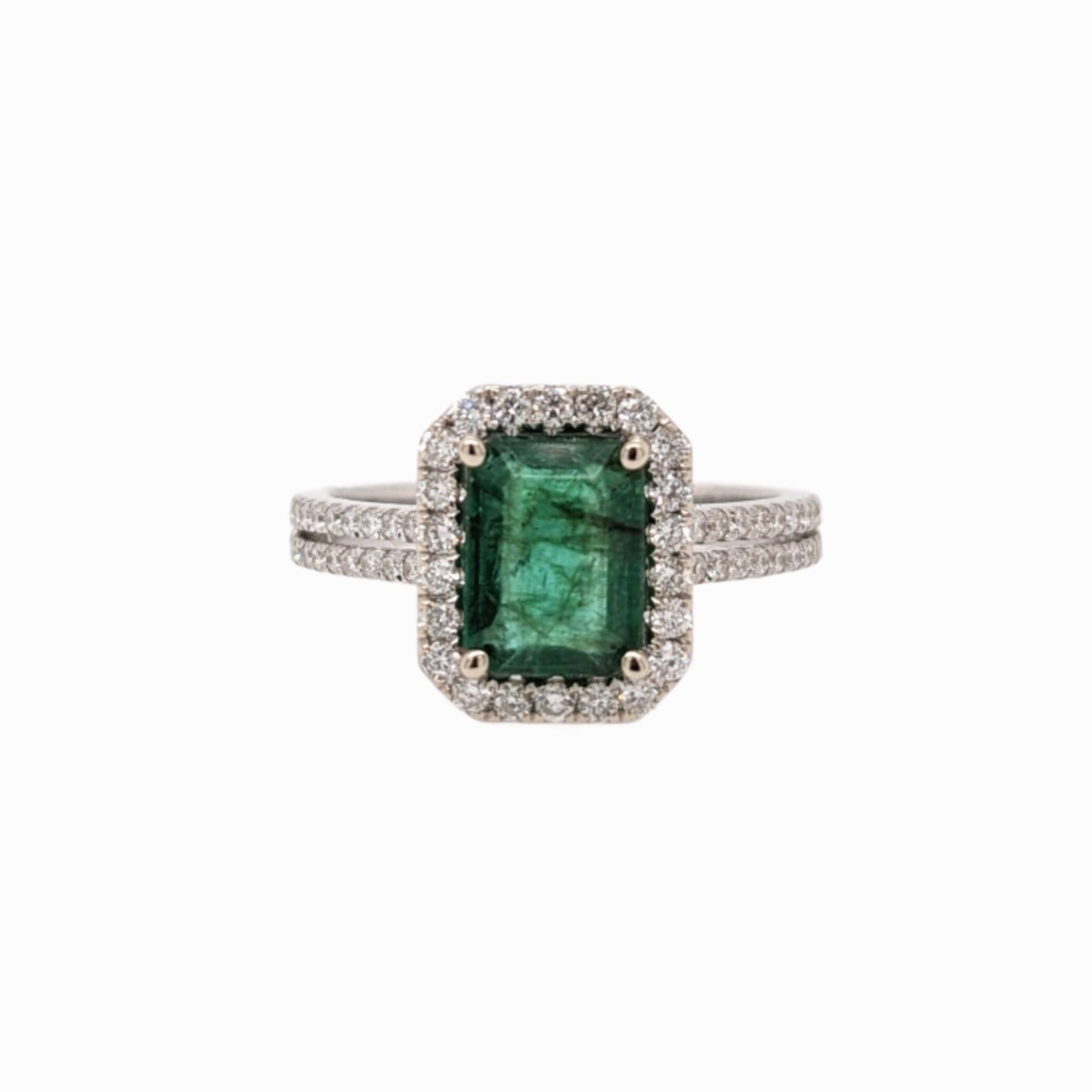 Split Shank Emerald Ring in 14K White Gold w a Natural Diamond Halo | Emerald Cut 8x6mm | May Birthstone | Daily Wear | Green Gemstone Ring