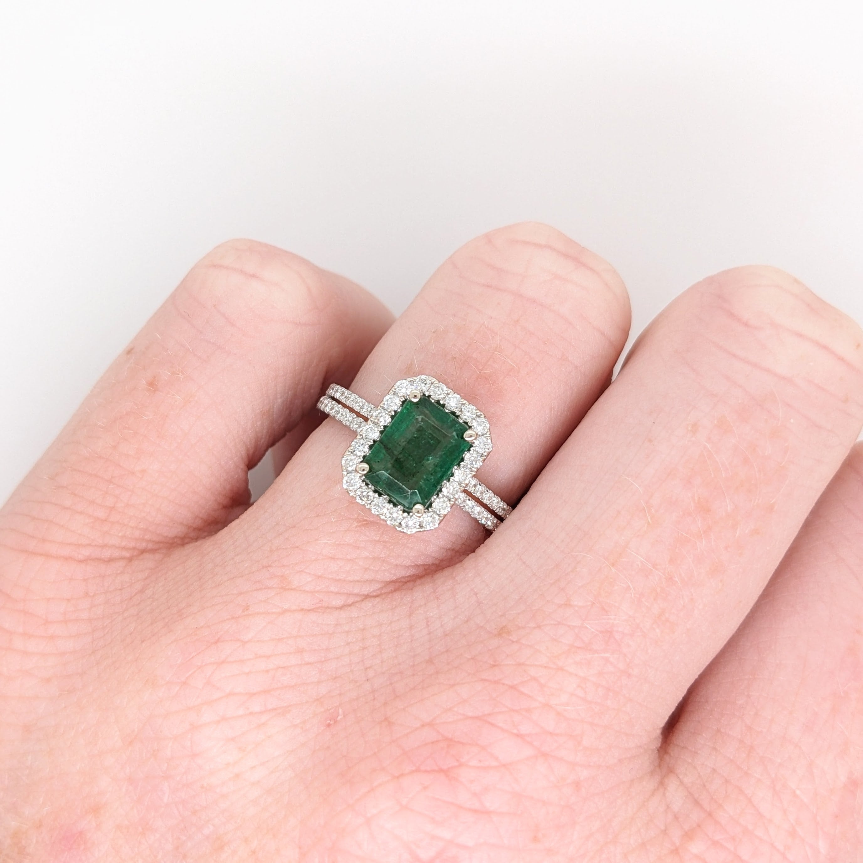 Split Shank Emerald Ring in 14K White Gold w a Natural Diamond Halo | Emerald Cut 8x6mm | May Birthstone | Daily Wear | Green Gemstone Ring