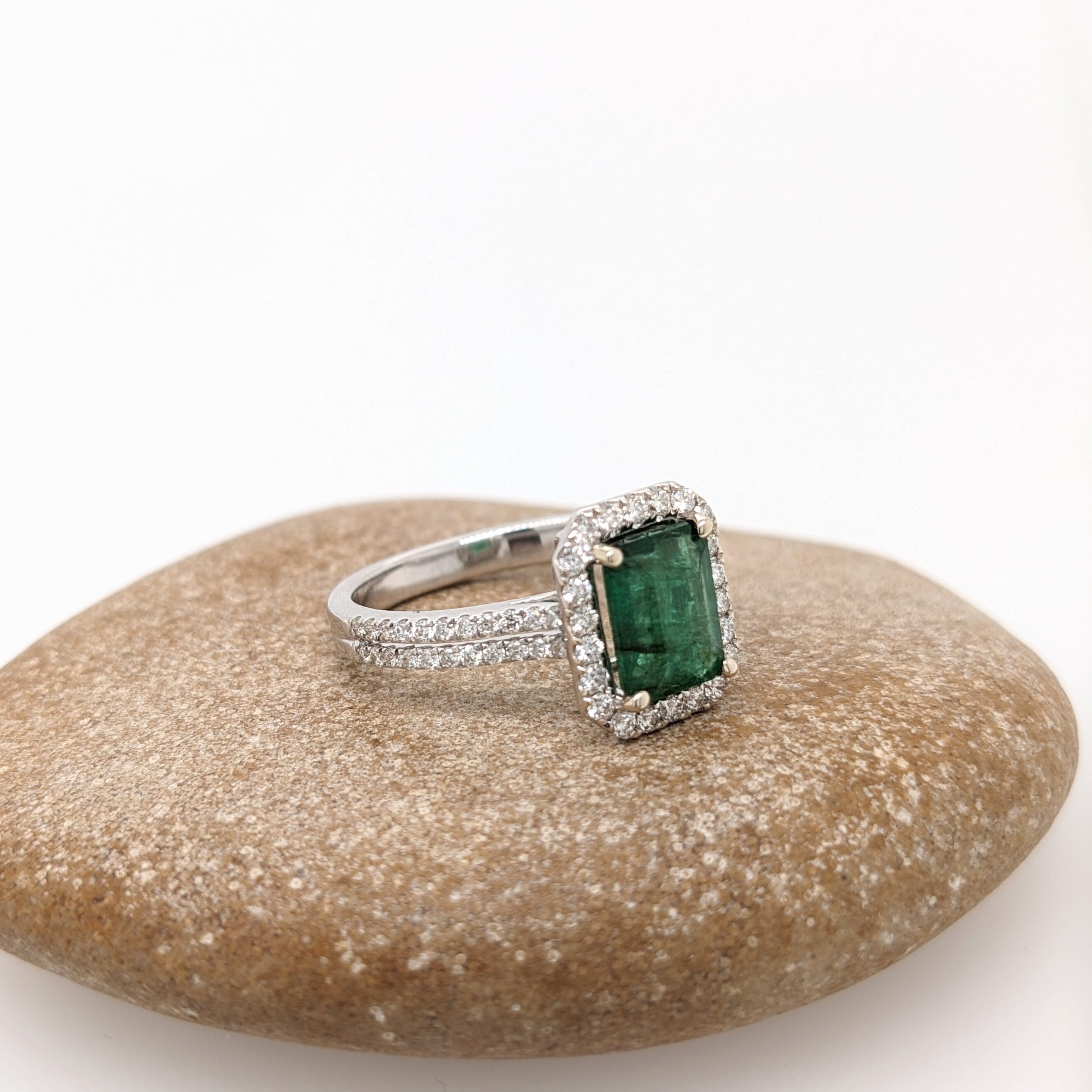 Split Shank Emerald Ring in 14K White Gold w a Natural Diamond Halo | Emerald Cut 8x6mm | May Birthstone | Daily Wear | Green Gemstone Ring