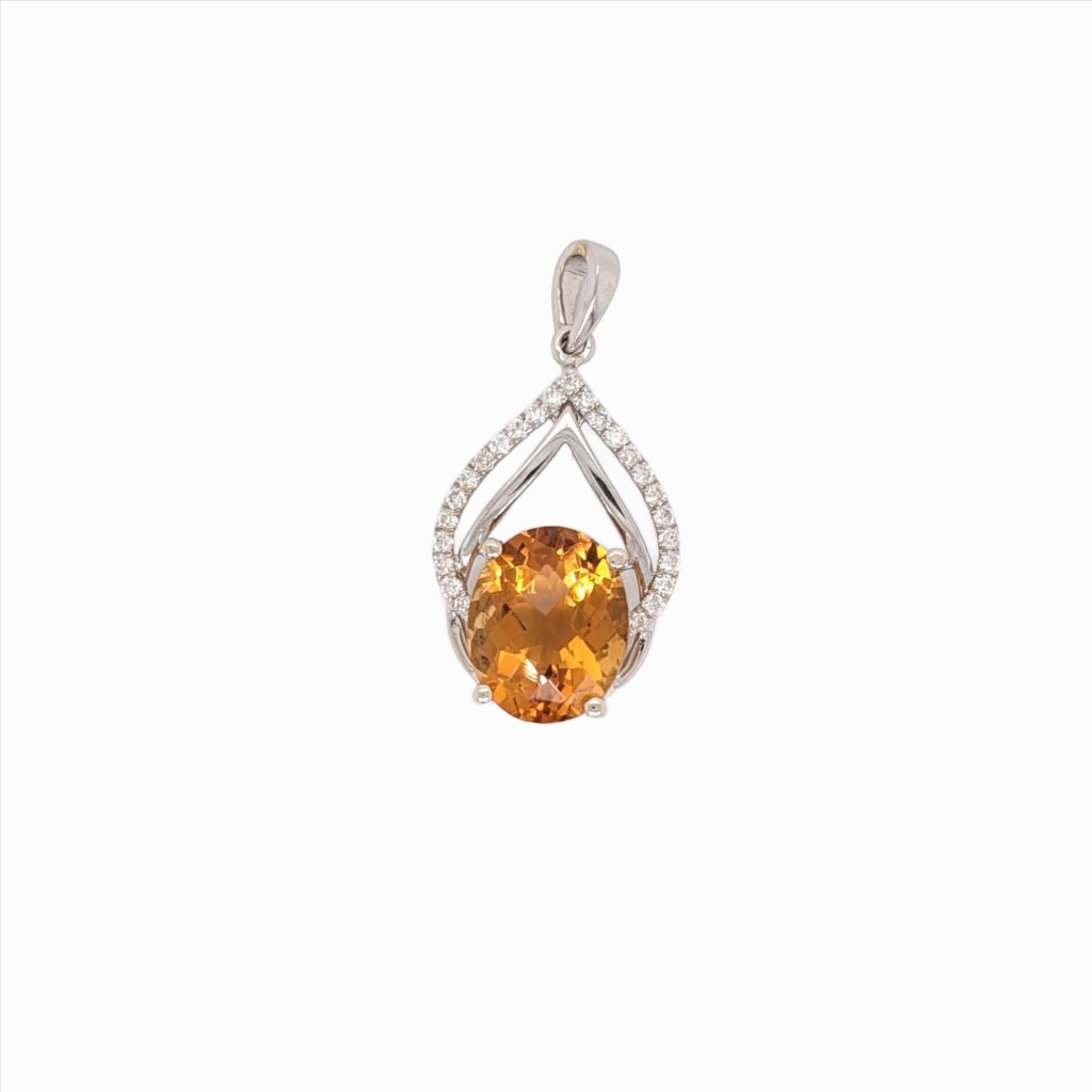 Glowing Citrine Pendant w Natural Diamond Accents in Solid 14K White Gold | Oval 10x8mm | November Birthstone | Orange Gemstones | Fall