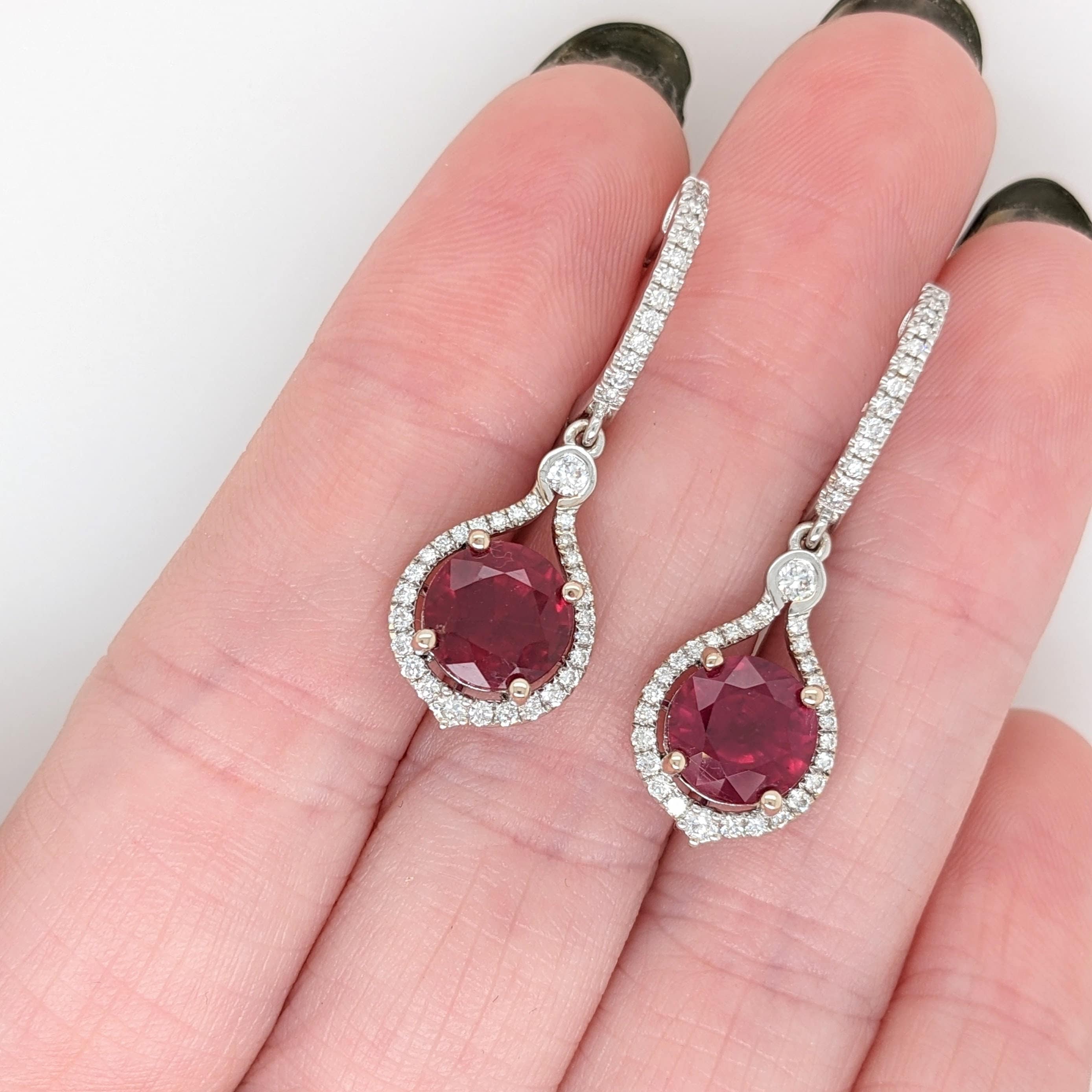 Beautiful Dangle Red Ruby Earrings in 14K Solid Gold w Natural Diamond Halo Accents | Round Shape 8mm | Secure Latch Back | July Birthstone