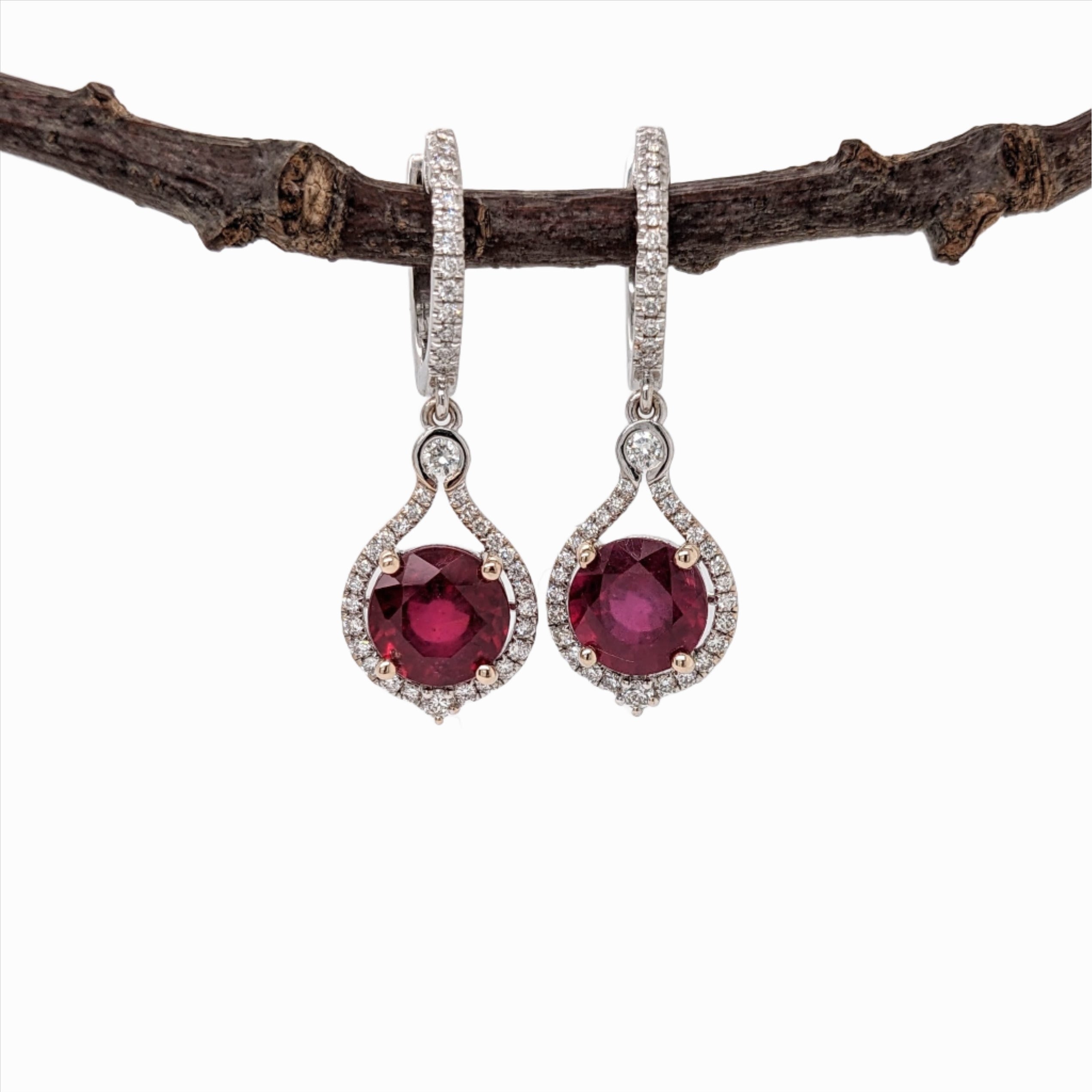 Beautiful Dangle Red Ruby Earrings in 14K Solid Gold w Natural Diamond Halo Accents | Round Shape 8mm | Secure Latch Back | July Birthstone