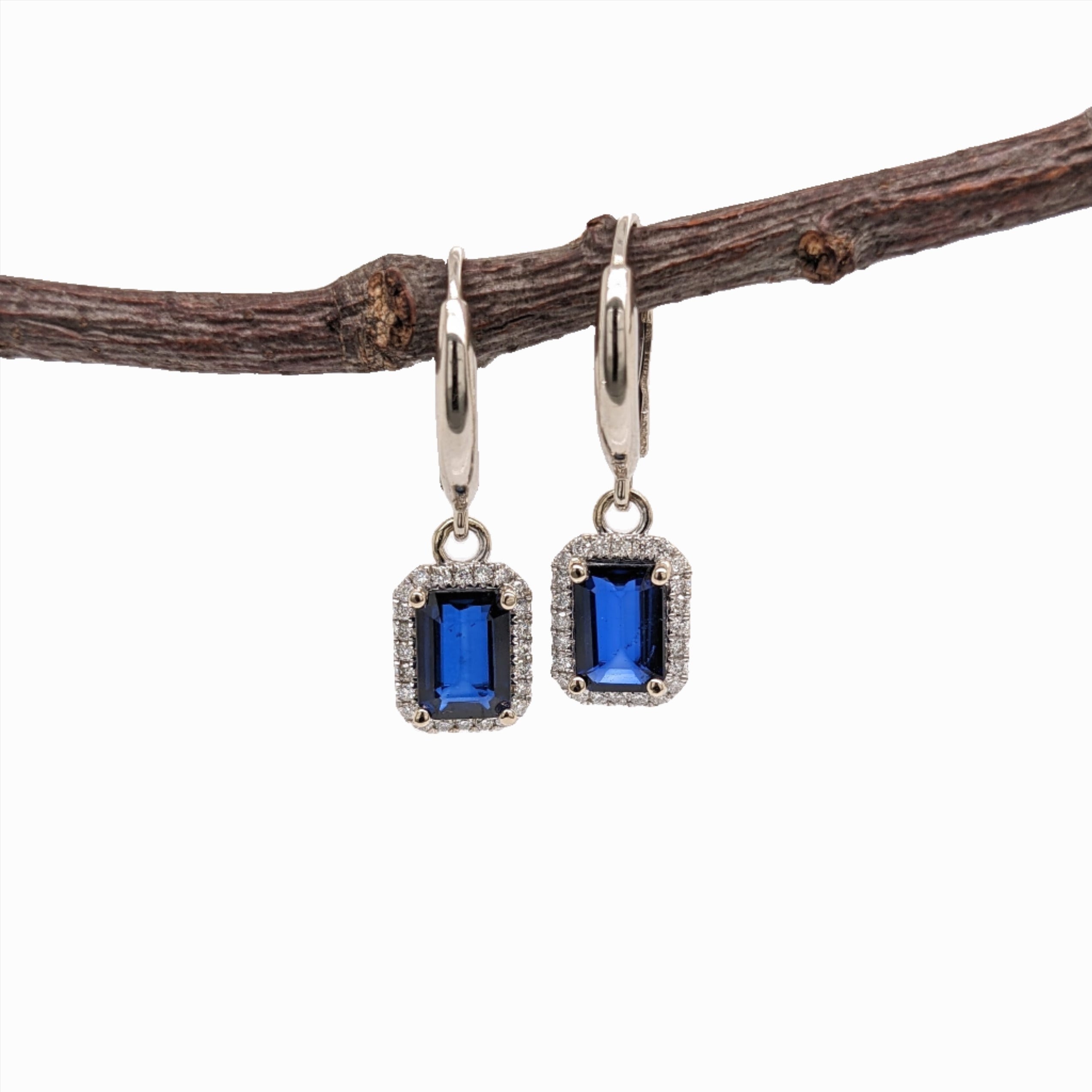 Classic Dangle Sapphire Earrings in 14k Solid White Gold with Natural Diamond Accents | Emerald 7x5mm | Blue Gemstones| September Birthstone