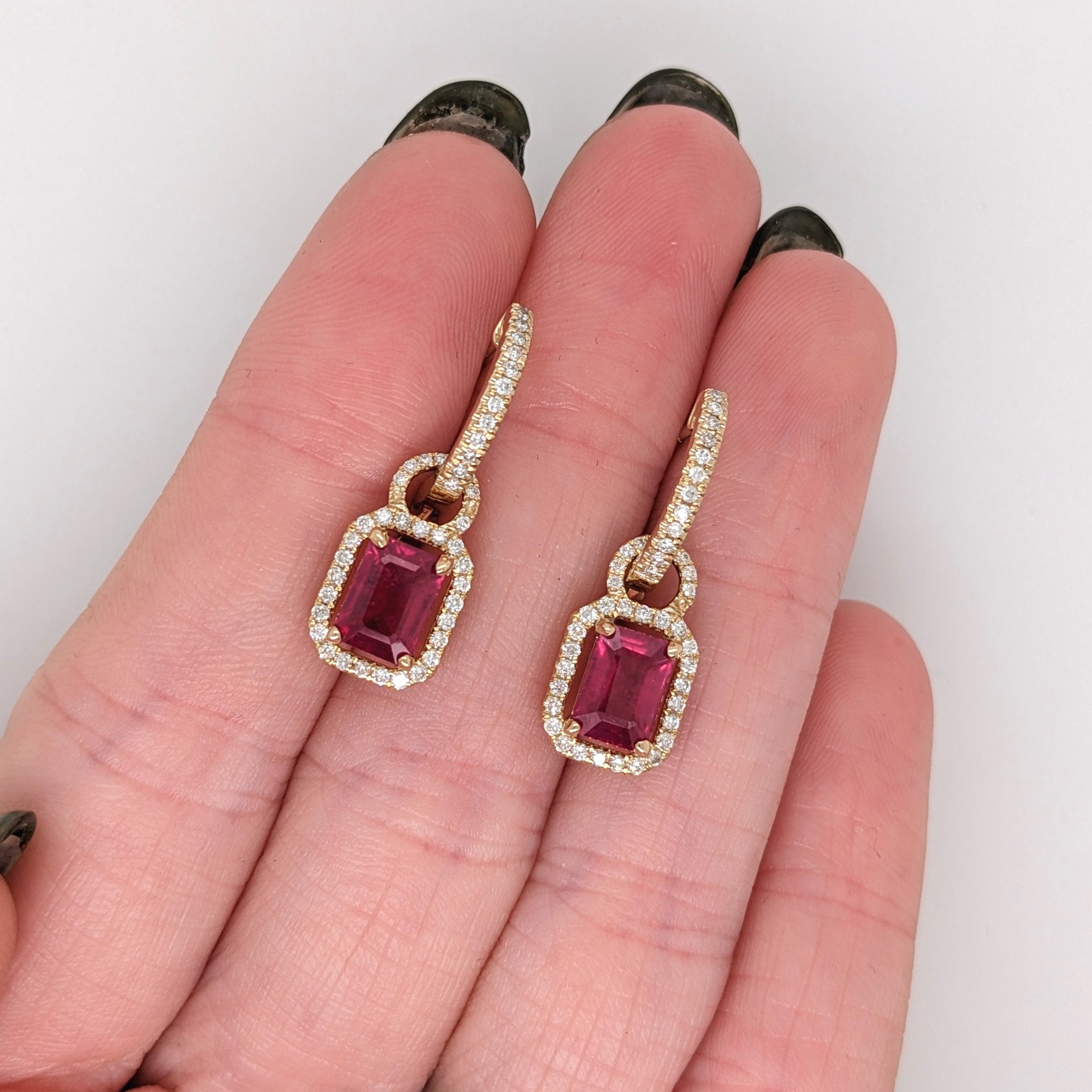 Lovely Dangle Red Ruby Earrings in 14k Solid Yellow Gold with Natural Diamond Accents | Emerald Cut 7x5mm | Red Gemstones | July Birthstone