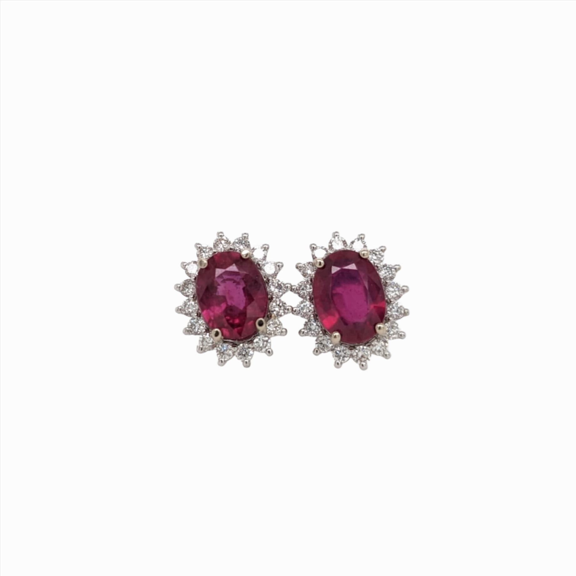 Starburst Red Ruby Studs in 14k Solid White Gold with Natural Diamond Accents || Oval 8x6mm || July Birthstone || Dainty Studs || Halo ||