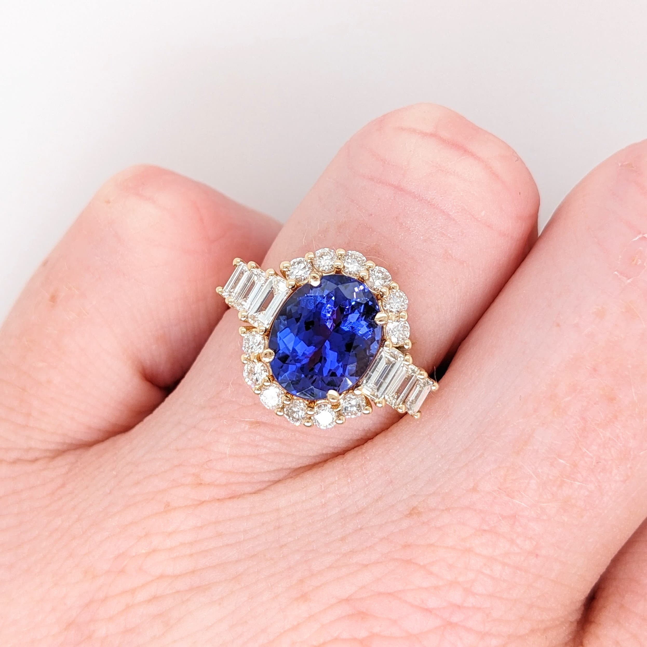 Bespoke 3 Carat Tanzanite and Diamond Ring in Solid 14k Yellow Gold | Oval 9x7mm | Baguette & Round Diamonds | Engagement | Statement