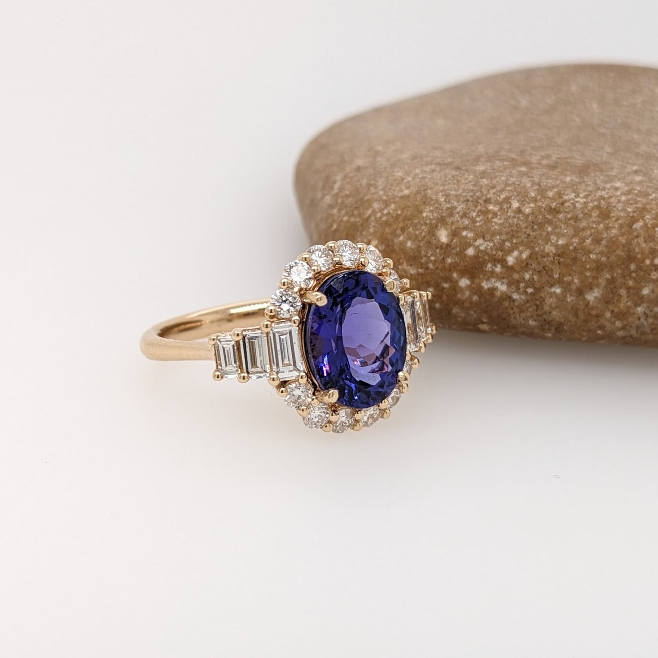 Bespoke 3 Carat Tanzanite and Diamond Ring in Solid 14k Yellow Gold | Oval 9x7mm | Baguette & Round Diamonds | Engagement | Statement