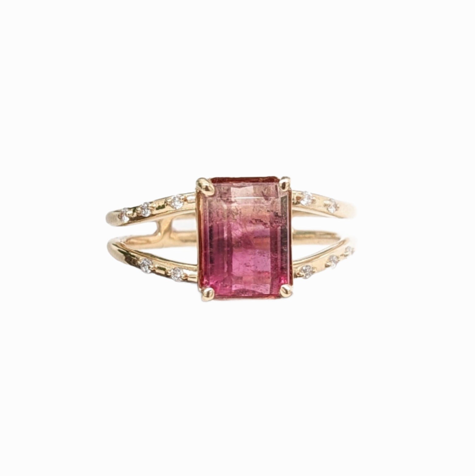 Split Shank BiColor Tourmaline Ring in 14K Yellow Gold w Natural Diamond Accents | Emerald Cut 8x6mm | October Birthstone | Pink Gem
