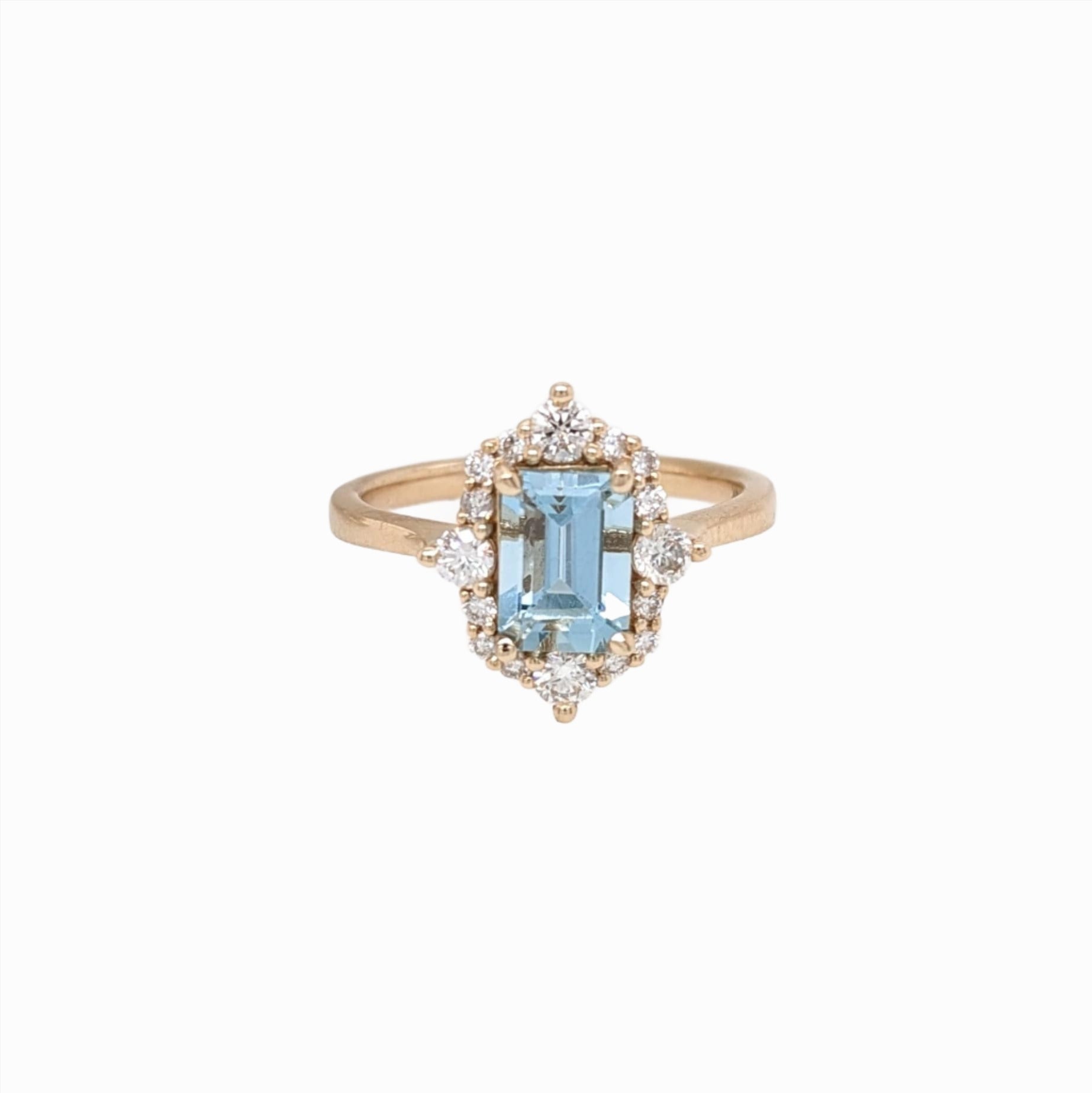 Compass Rose Aquamarine Ring in 14k Gold w a Halo of Natural Diamonds | Emerald Cut 7x5mm | March Birthstone | Light Blue Gemstone
