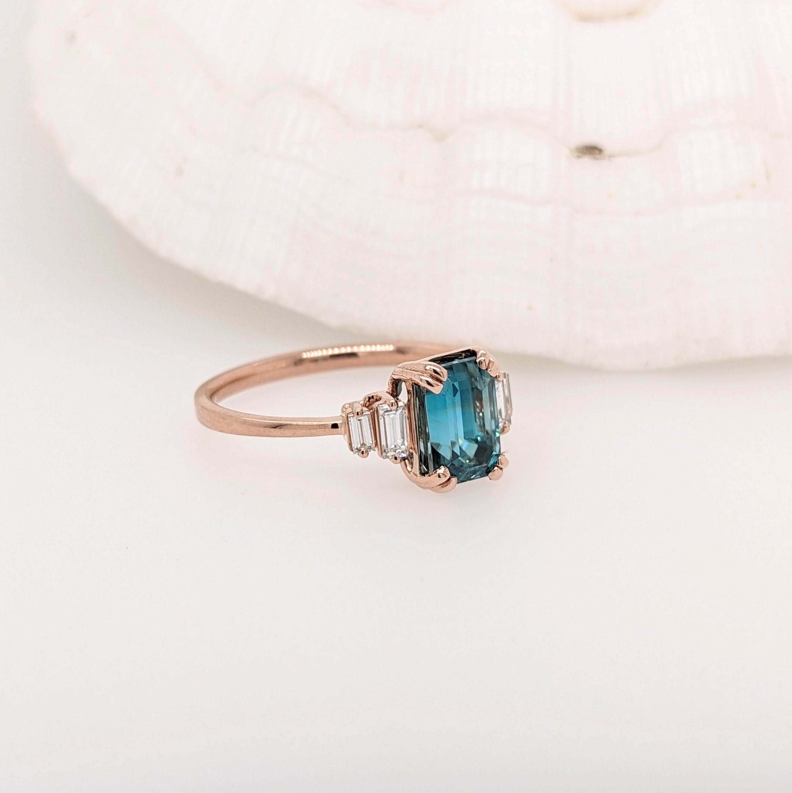 Vibrant Blue Zircon Ring in 14K Rose Gold w Natural Diamond Accents | Emerald Cut 8.5x6mm | December Birthstone | Elegant Statement Ring