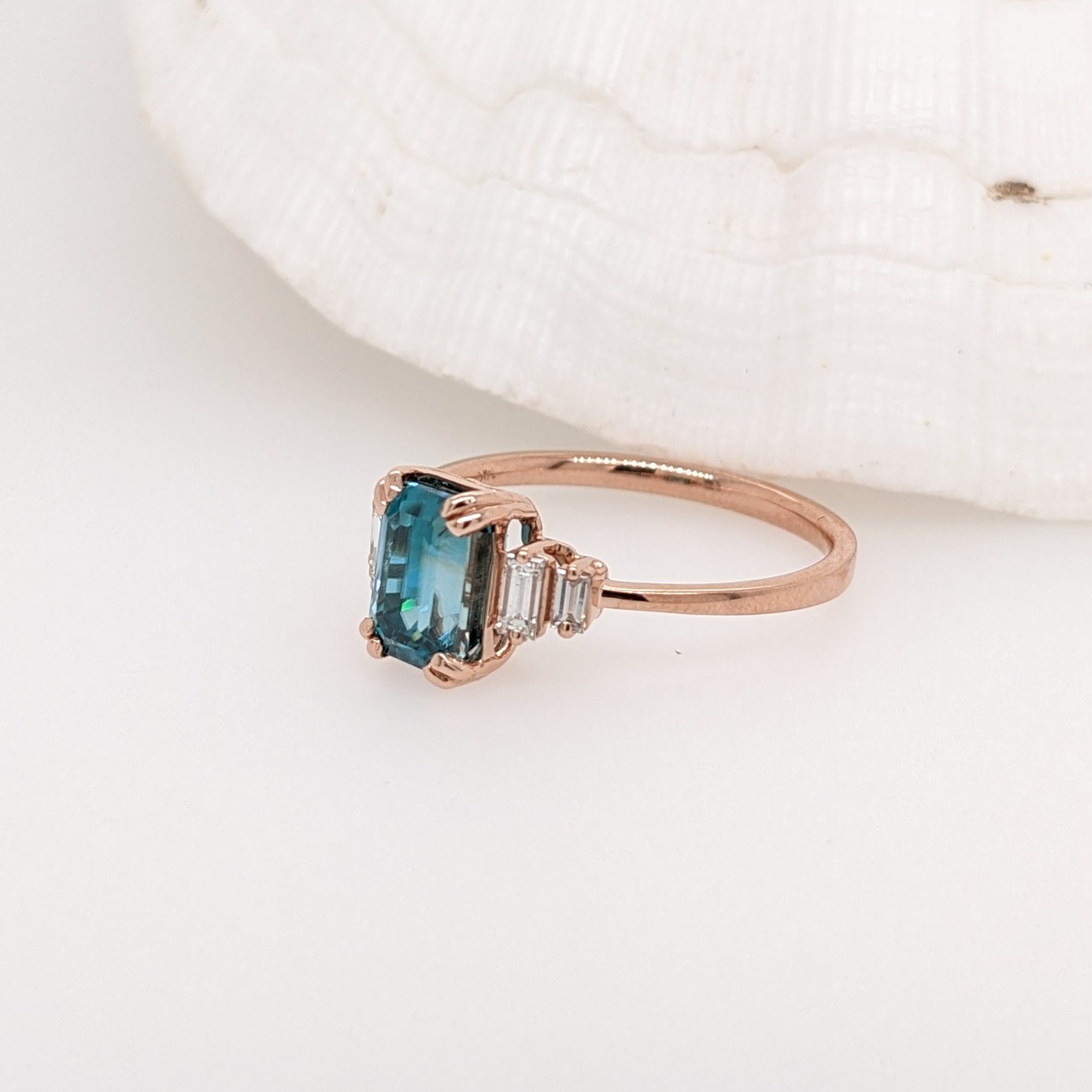 Vibrant Blue Zircon Ring in 14K Rose Gold w Natural Diamond Accents | Emerald Cut 8.5x6mm | December Birthstone | Elegant Statement Ring
