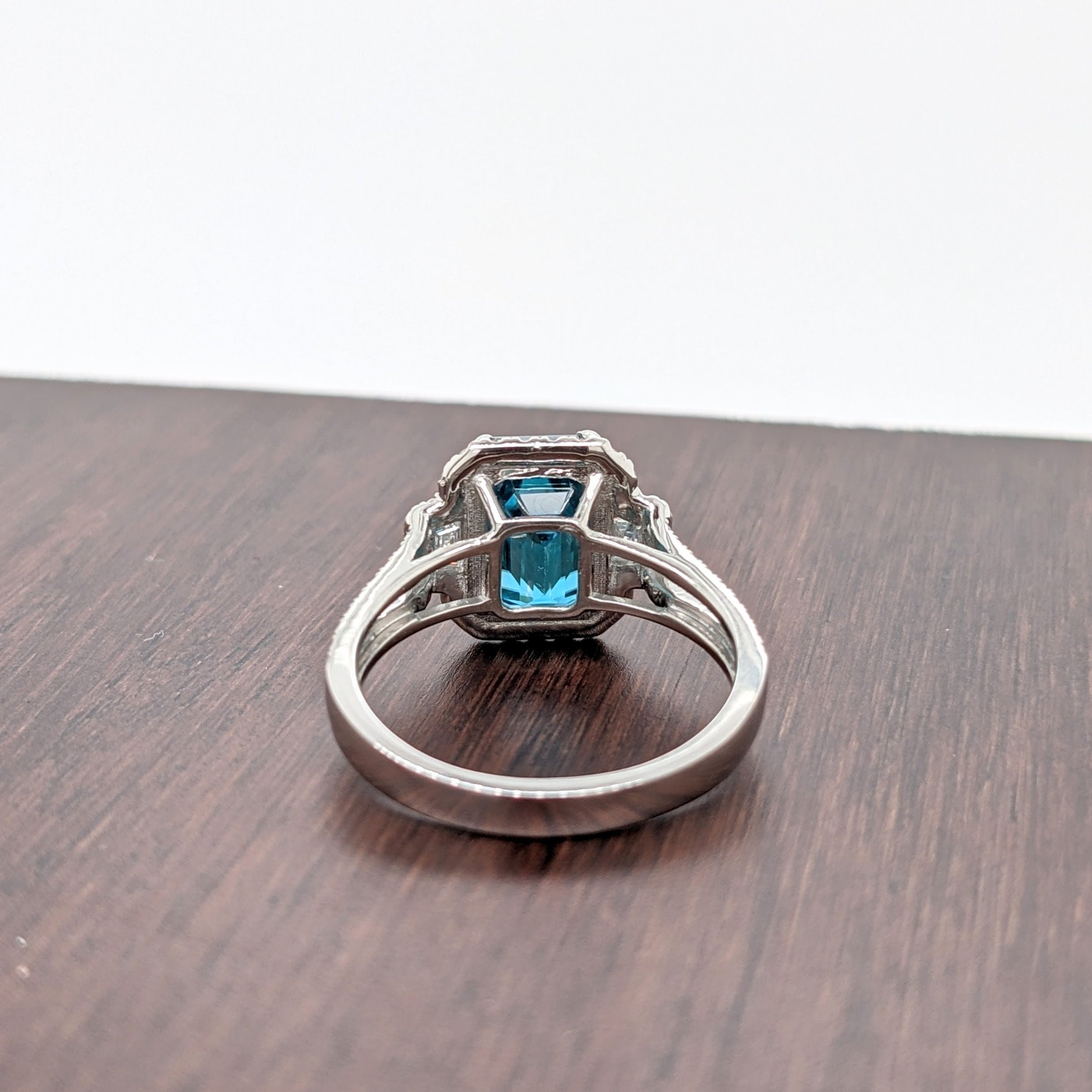 Mesmerizing Blue Zircon in Platinum w Natural Diamonds | Emerald Cut 9x7mm | December Birthstone | Split Shank | Engagement Ring