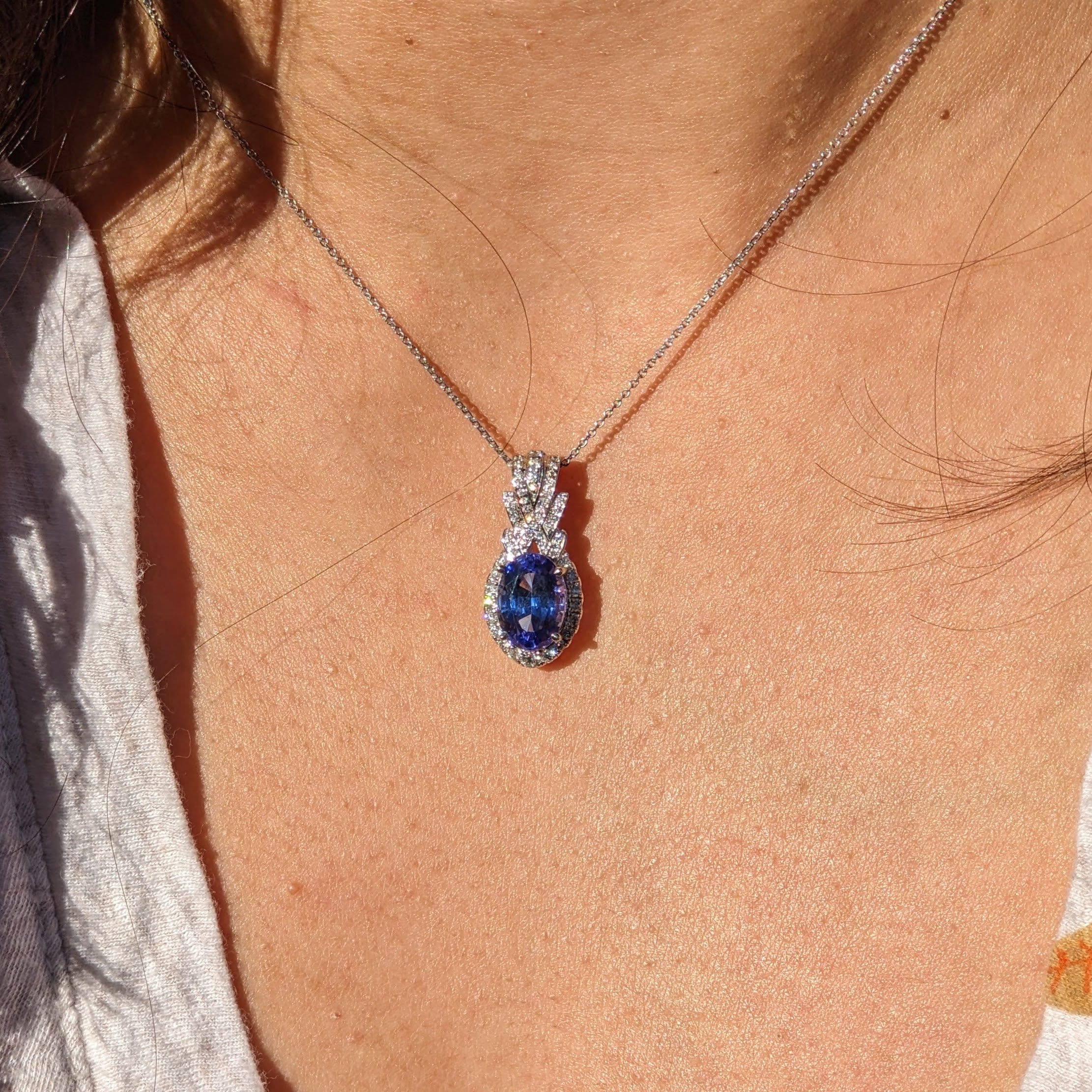 Tanzanite Pendant in Solid 14K White Gold with Natural Diamond Accents | Oval 11x8mm | December Birthstone | Blue Necklace