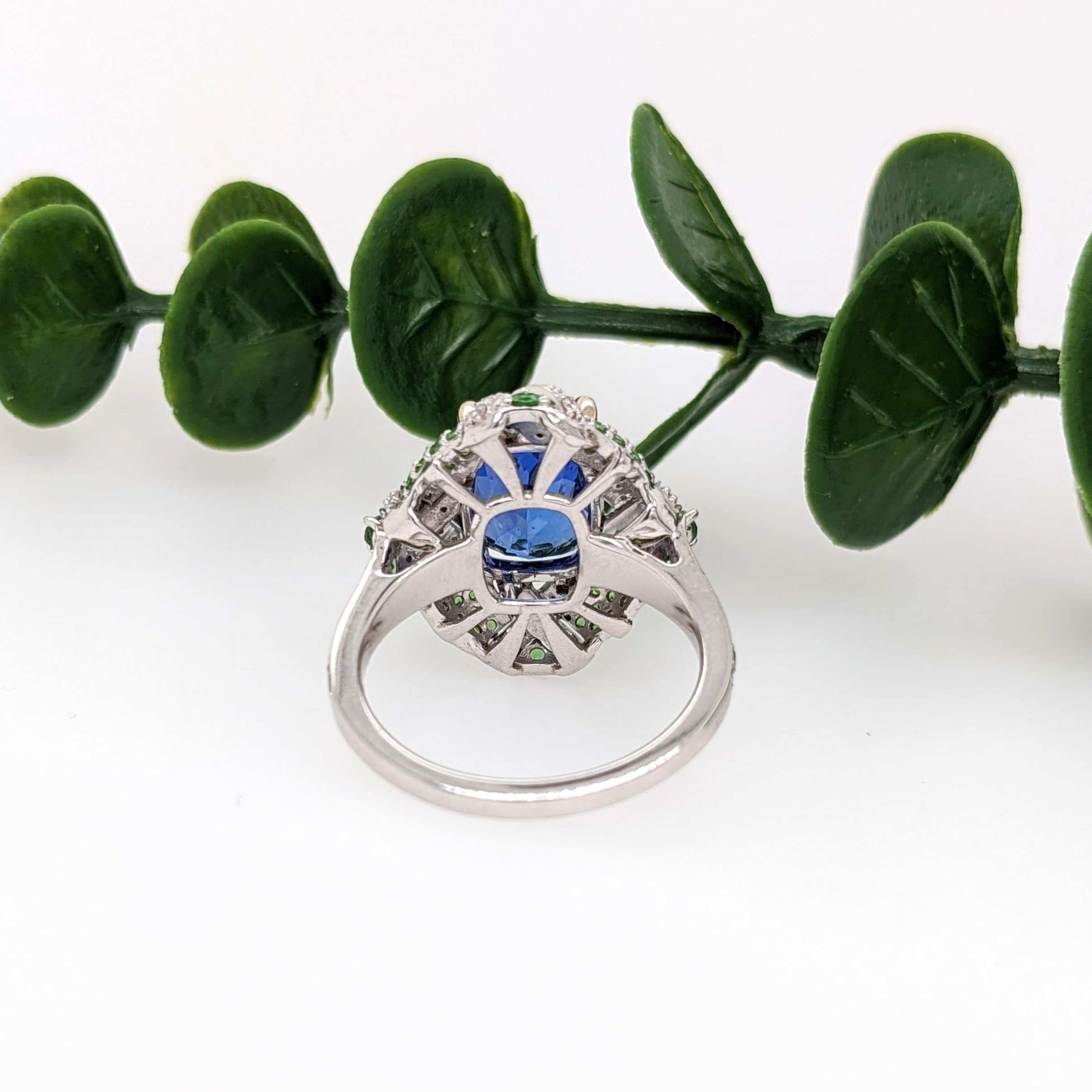 Gorgeous Tanzanite Ring w Natural Diamond and Tsavorite Accents in 14K Solid White Gold | Cushion 10x8mm | December Birthstone Ring