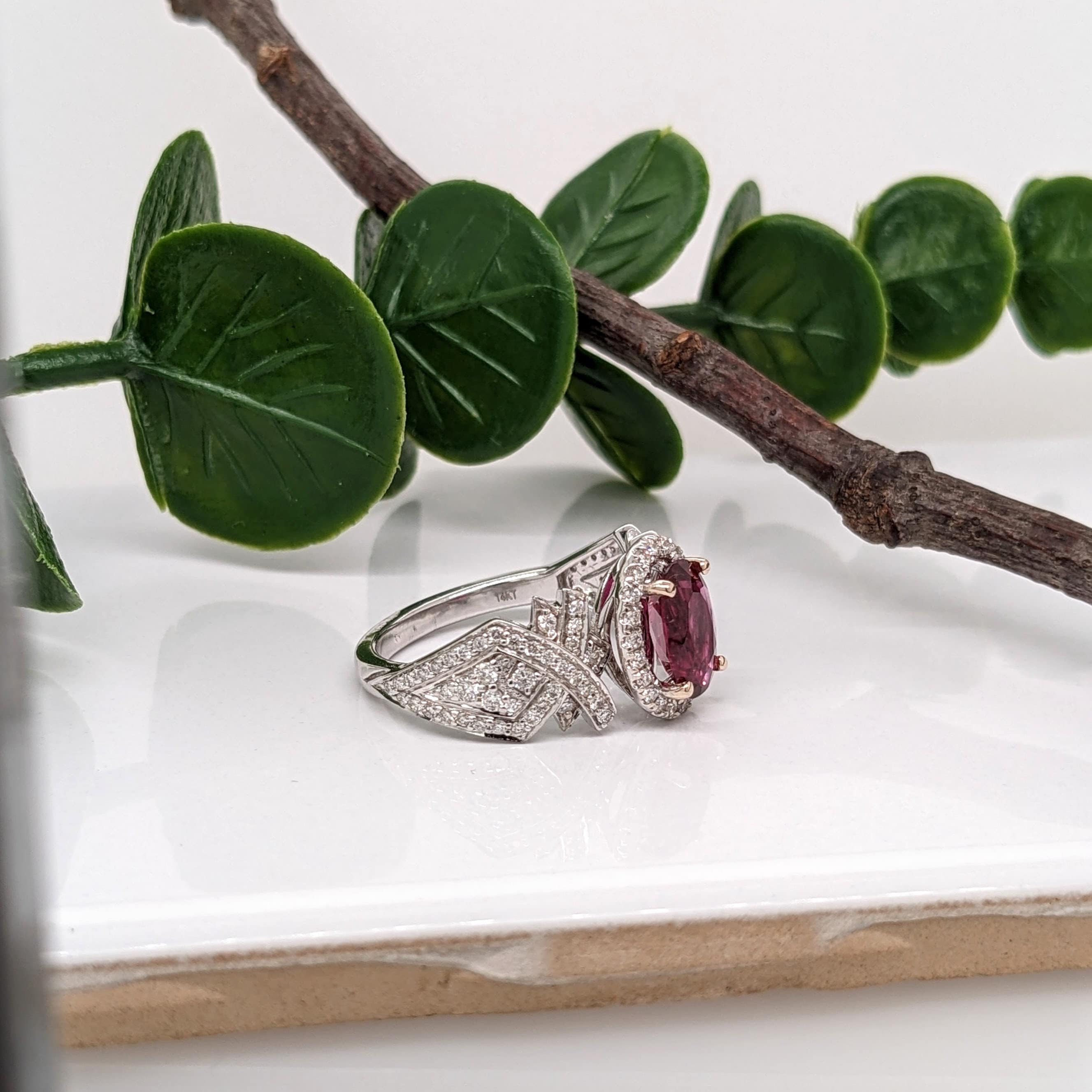 Stunning Rubellite Tourmaline Ring w a Natural Diamond Halo in 14K White Gold | Oval 9x6mm | Statement Piece | October Birthstone