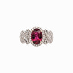 Stunning Rubellite Tourmaline Ring w a Natural Diamond Halo in 14K White Gold | Oval 9x6mm | Statement Piece | October Birthstone