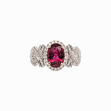 Stunning Rubellite Tourmaline Ring w a Natural Diamond Halo in 14K White Gold | Oval 9x6mm | Statement Piece | October Birthstone
