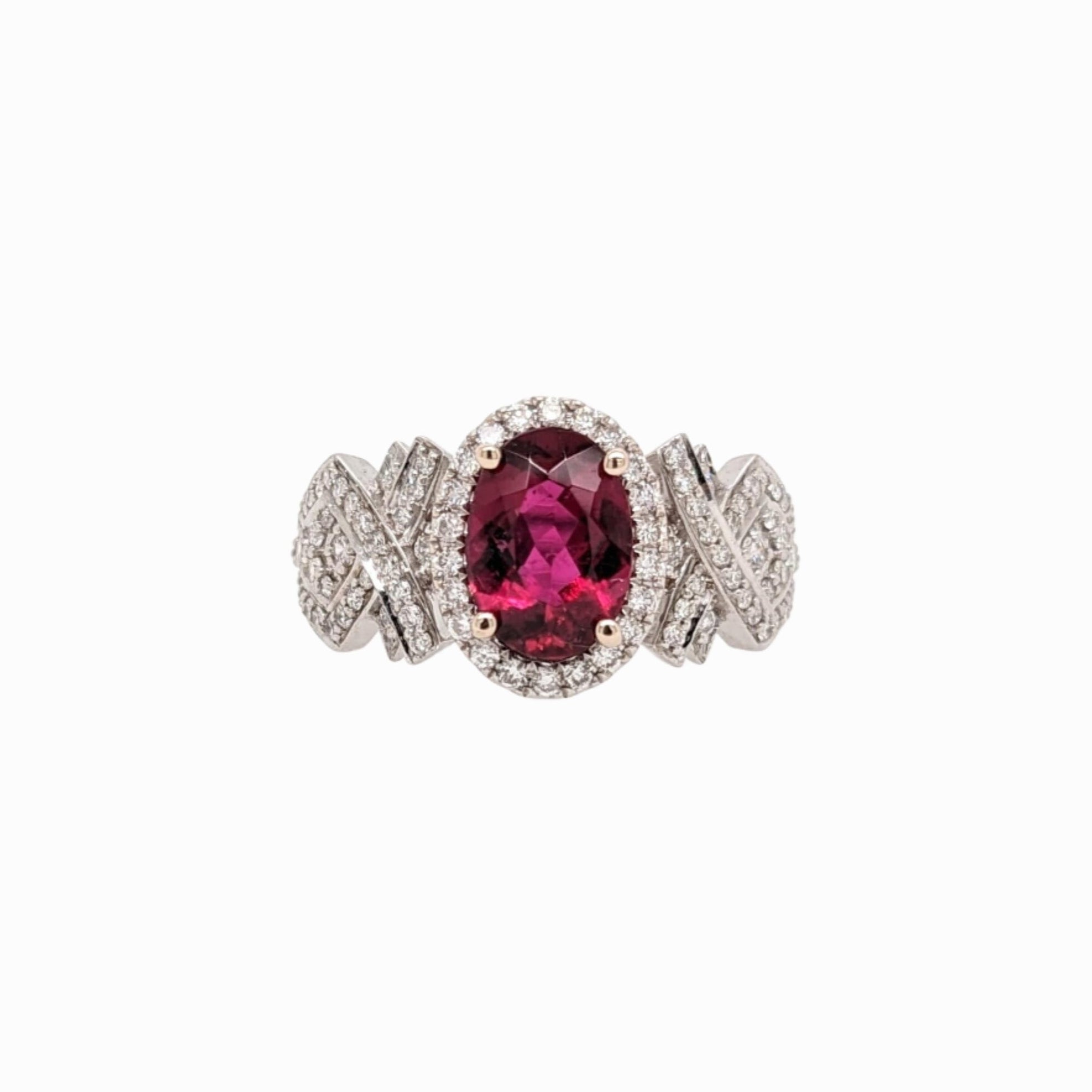 Stunning Rubellite Tourmaline Ring w a Natural Diamond Halo in 14K White Gold | Oval 9x6mm | Statement Piece | October Birthstone