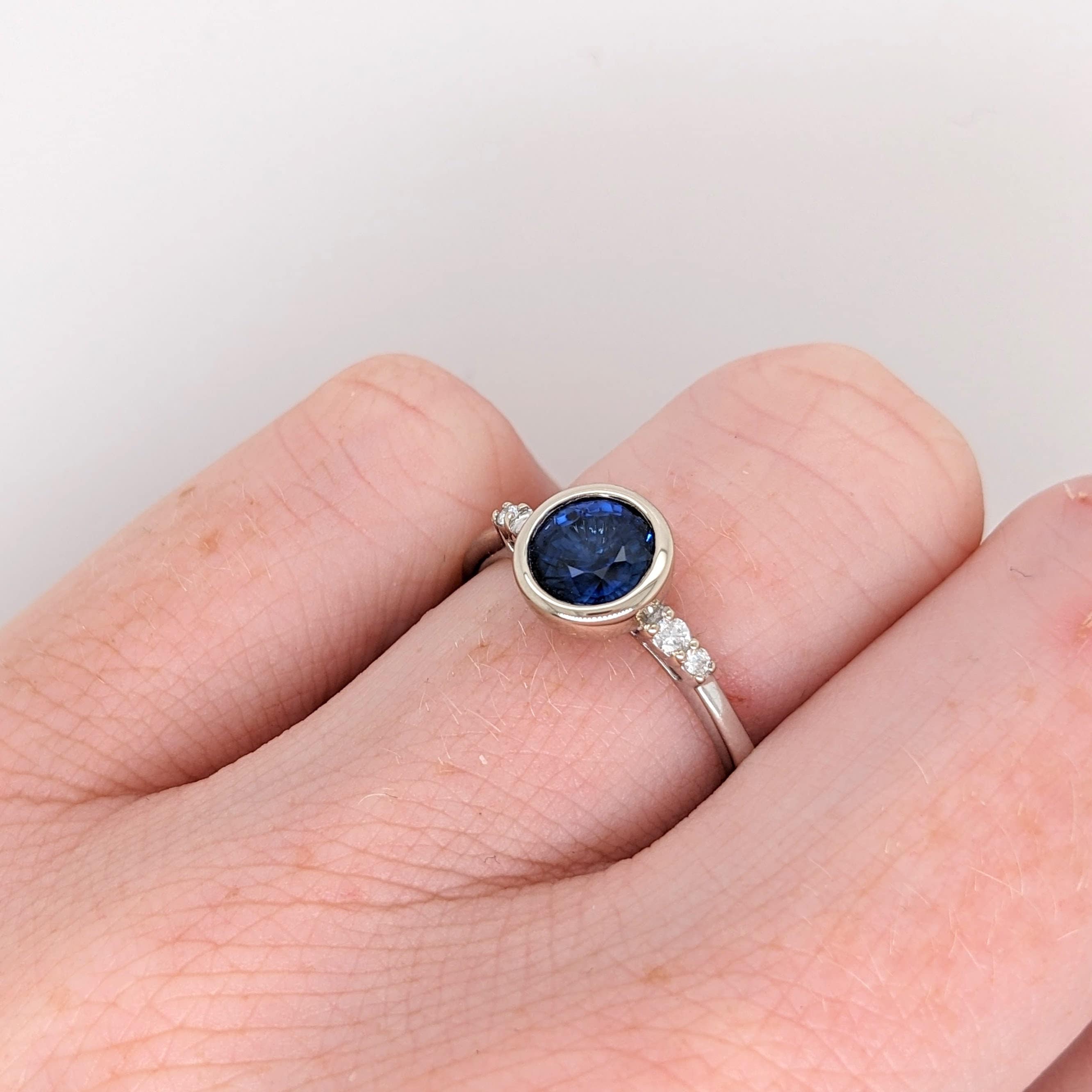Dainty Blue Sapphire Ring in Solid 14k White Gold with Natural Diamond Accents || Round 6mm || September Birthstone || Daily Wear ||