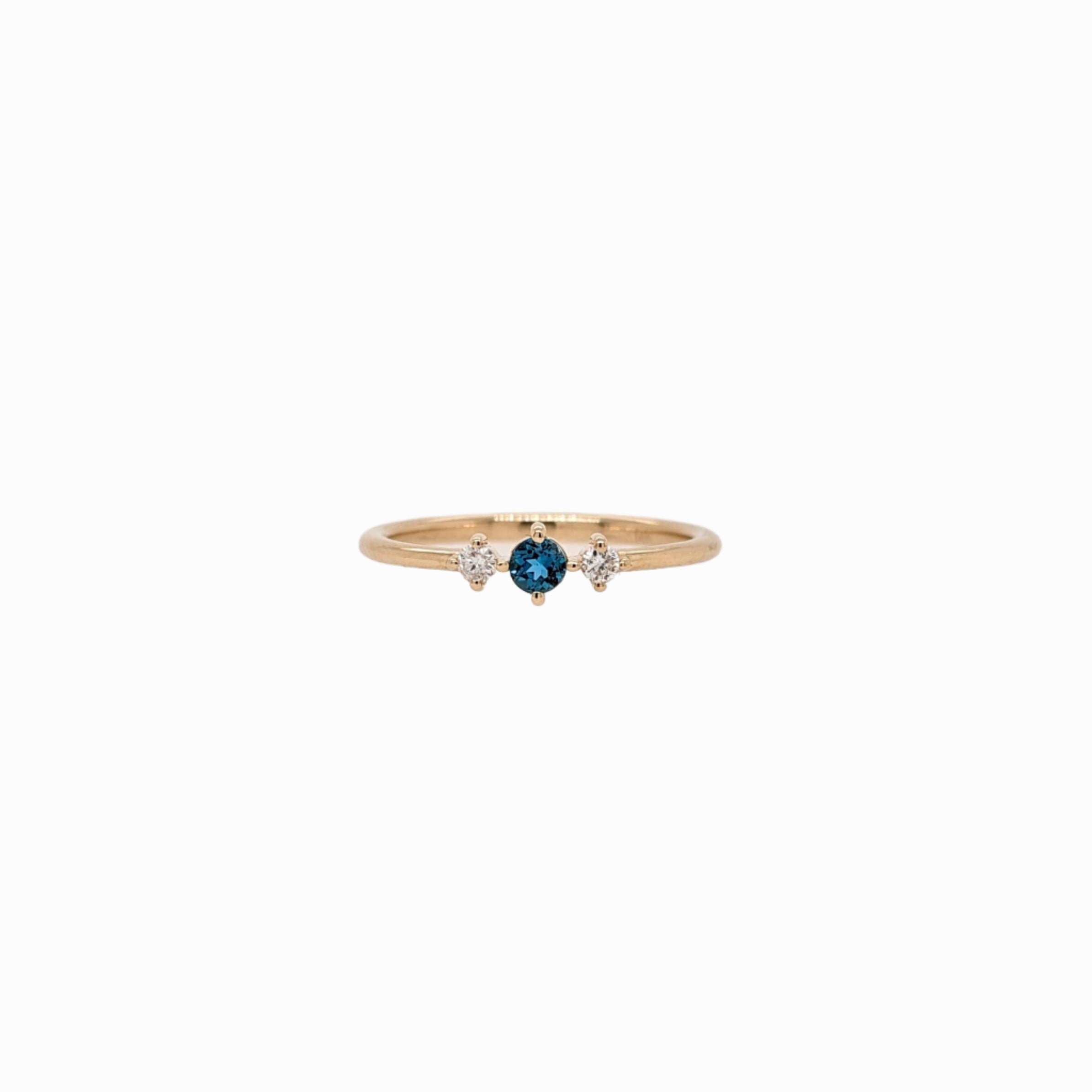 Dainty London Blue Topaz Ring in Solid 14K Yellow Gold w Natural Diamond Accents | Round 3mm | December Birthstone | Daily Wear 