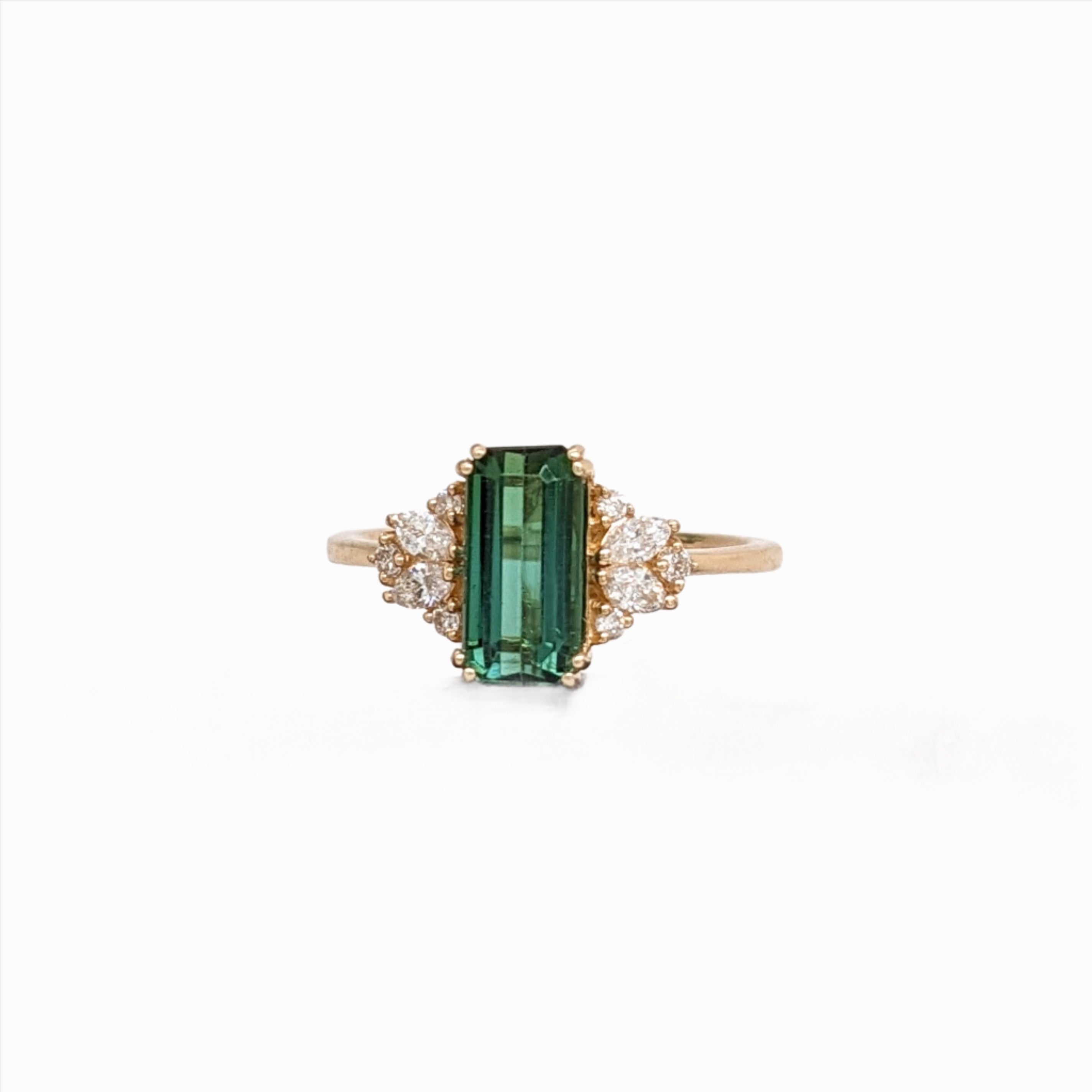 Chrome Tourmaline Ring in 14k Solid Yellow Gold with Natural Diamond Accents | Elongated Emerald Cut 6x5mm | October Birthstone