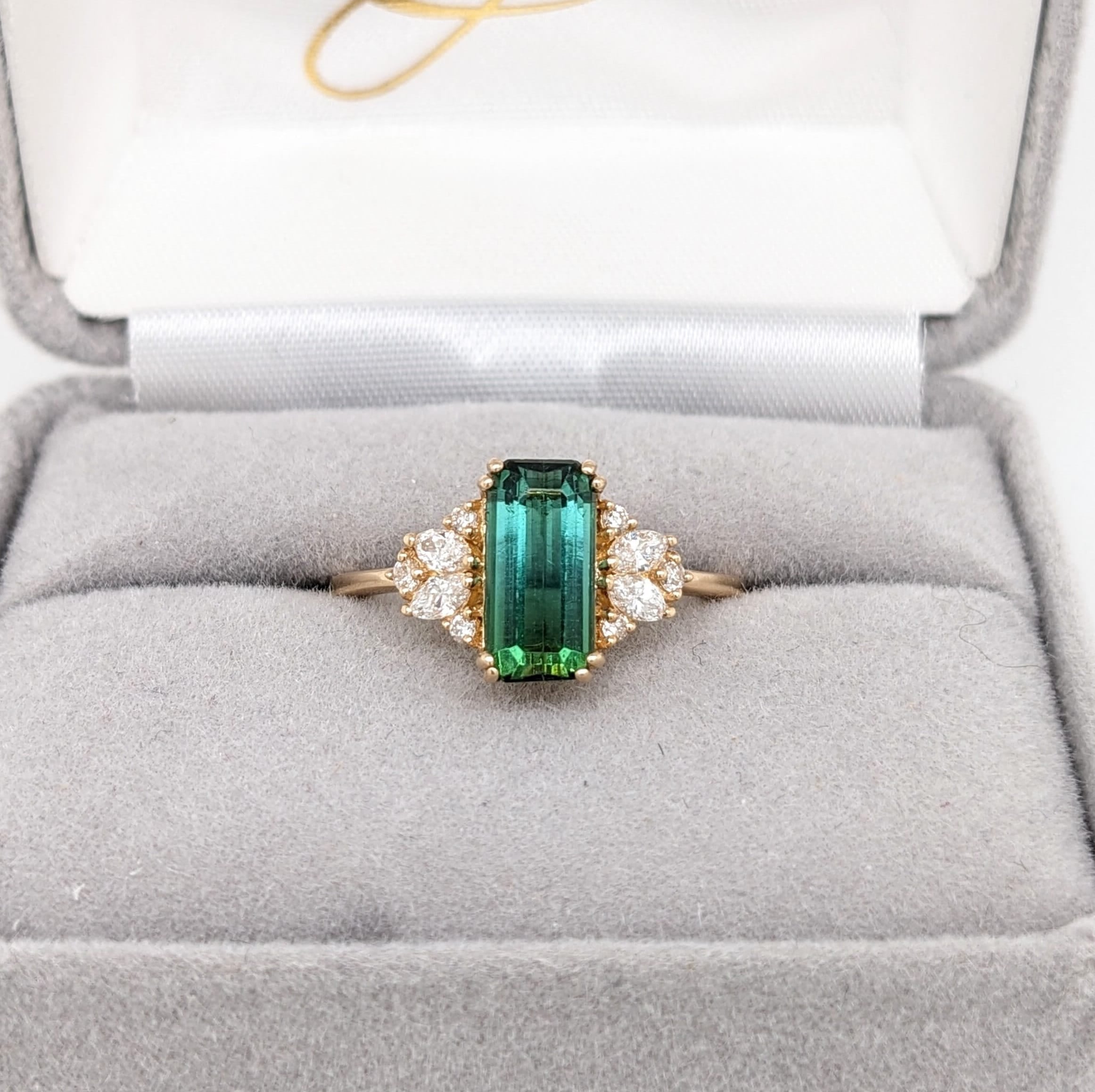 Chrome Tourmaline Ring in 14k Solid Yellow Gold with Natural Diamond Accents | Elongated Emerald Cut 6x5mm | October Birthstone